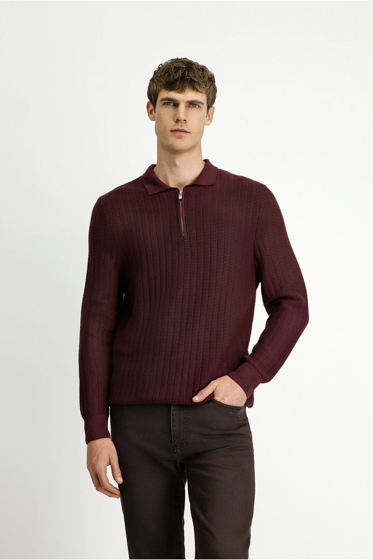 Kiğılı Polo Yaka Regular Fit Desenli Fermuarlı Pamuklu Triko Kazak