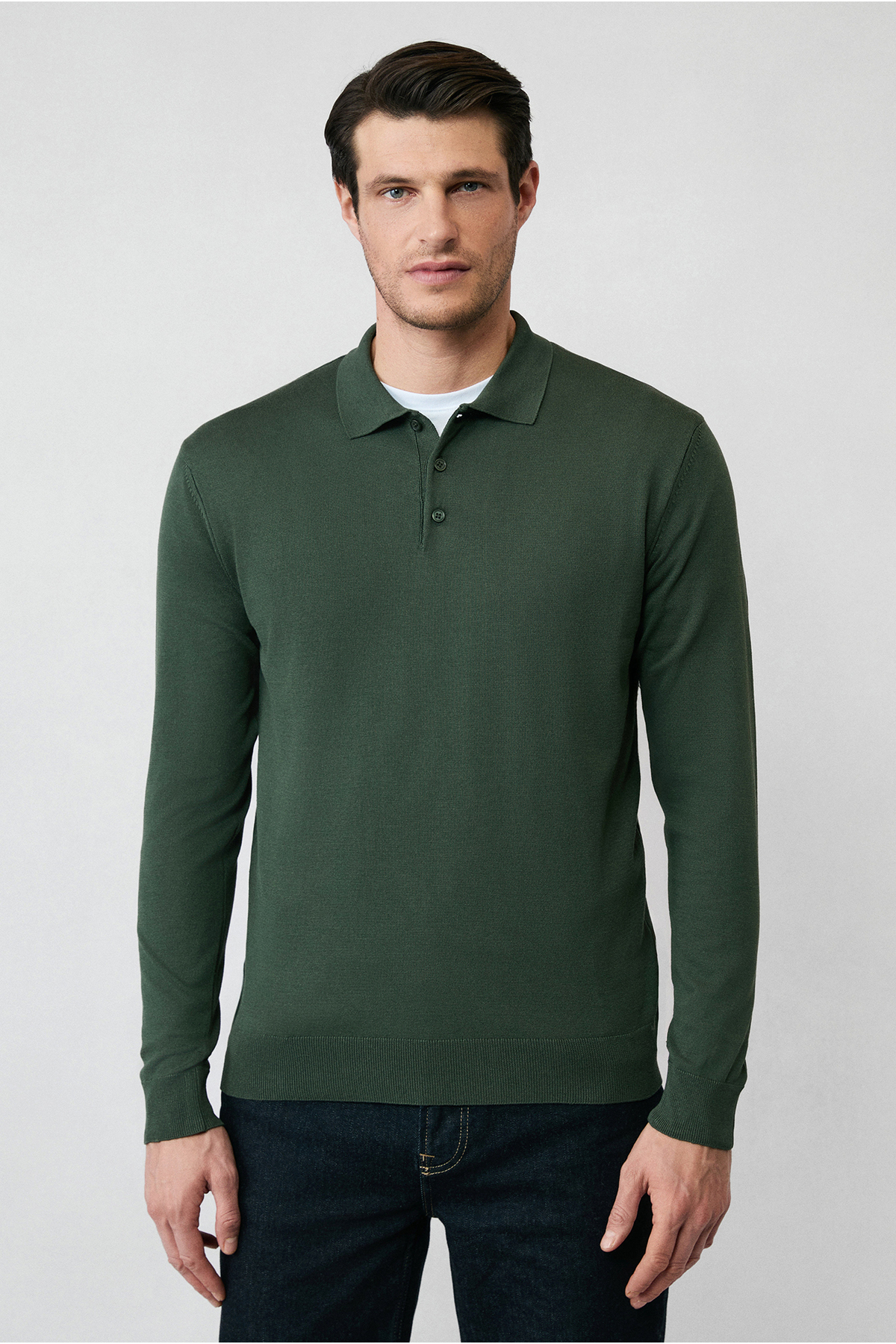 Regular Fit Düğmeli Polo Yaka Triko Kazak — خاکی KKBSD178DZ001 — تصویر 3 از 7