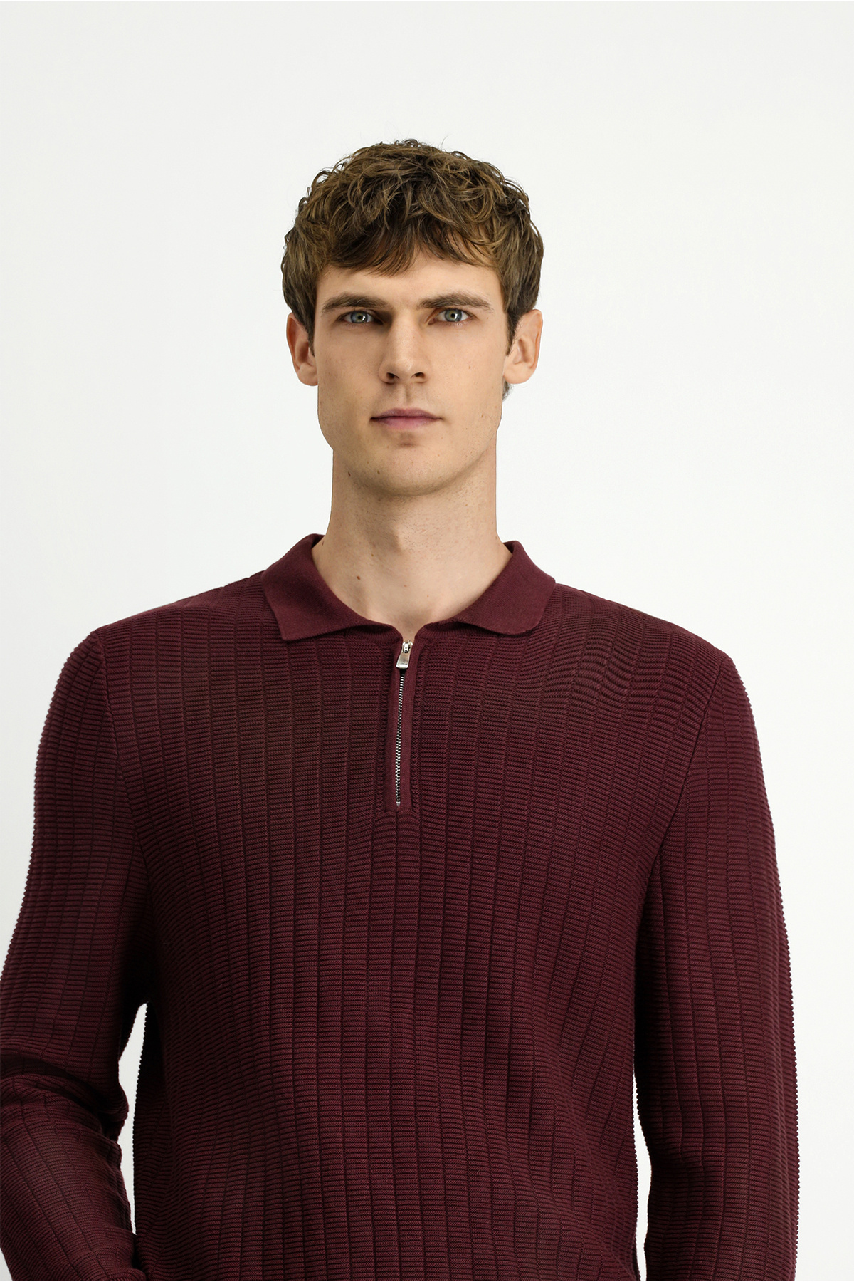 Kiğılı Polo Yaka Regular Fit Desenli Fermuarlı Pamuklu Triko Kazak görsel 4