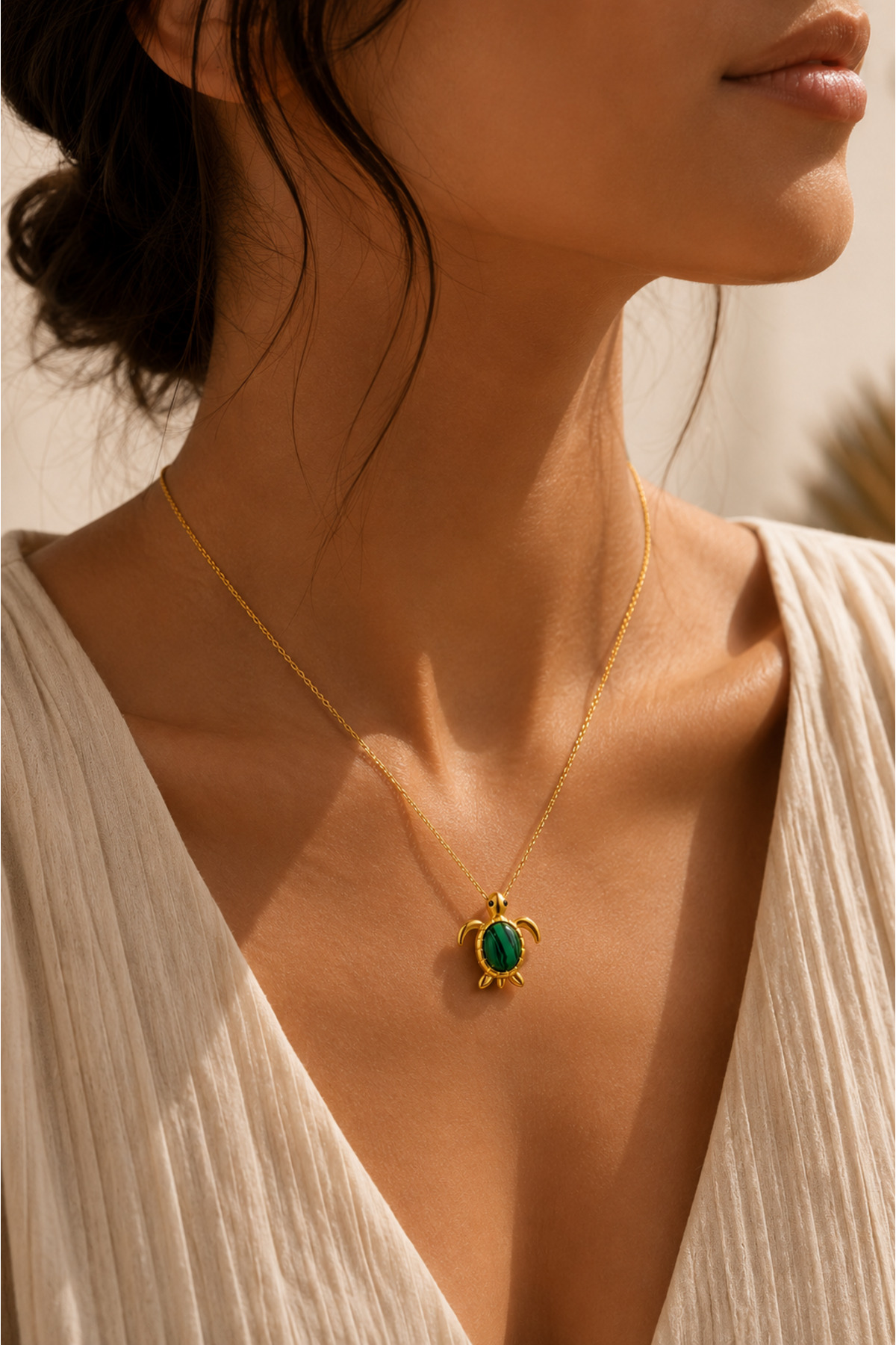 Spossy Silver Jewelry 925 Ayar Gümüş Gold Kaplamalı Yeşil Malakit Taşlı Kaplumbağa Kolye görsel 3