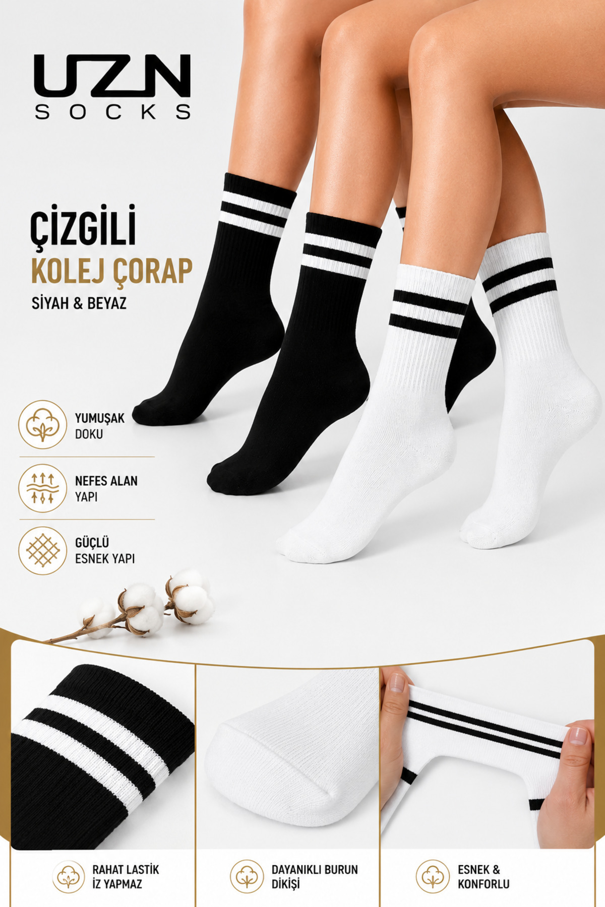 UZN SOCKS 6 Pairs of Black and White College Sports Socks Cotton