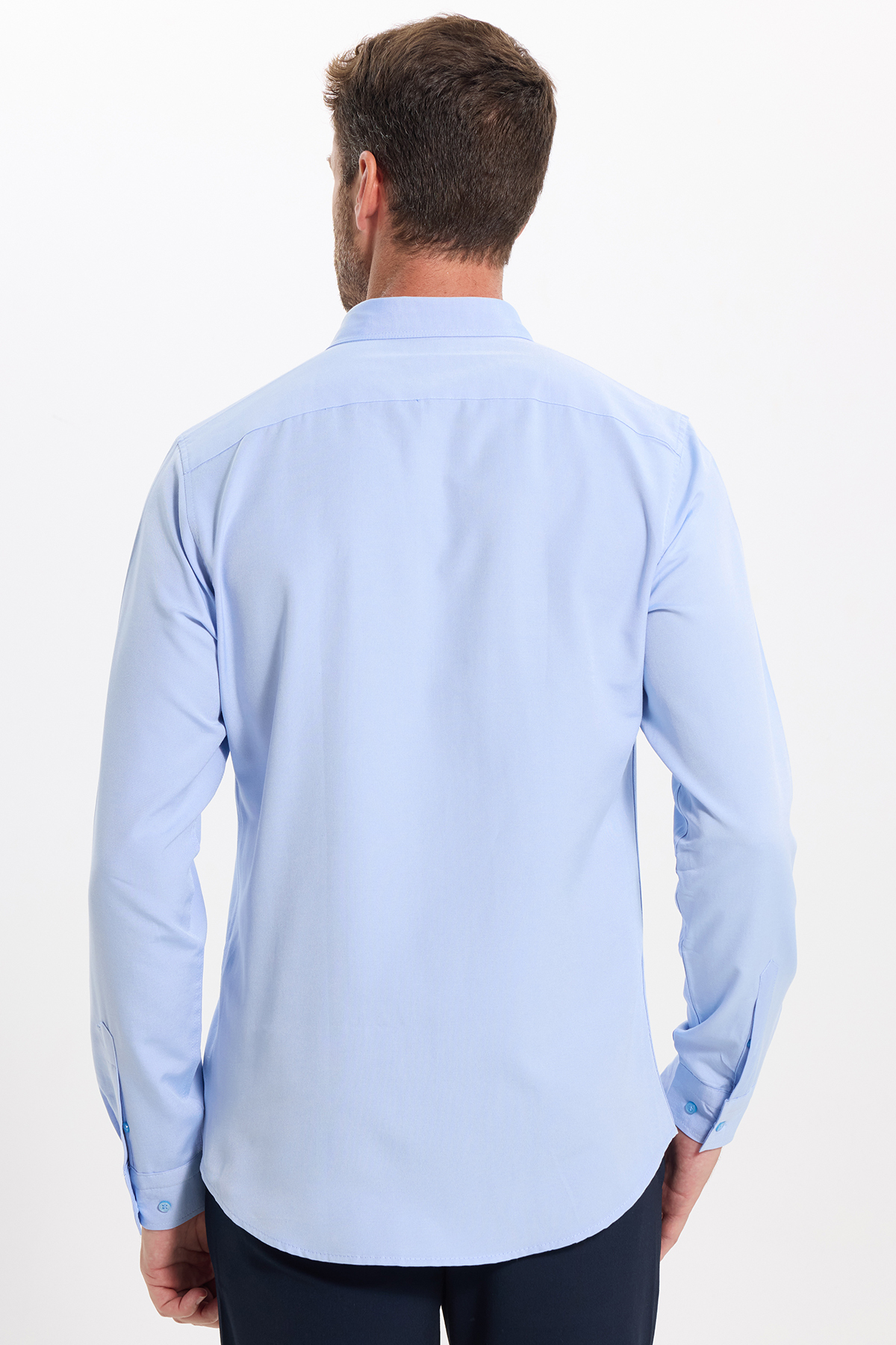 Tudors Erkek Slim Fit Dar Kesim Uzun Kollu Pamuklu Oxford Doku Kolay Ütülenebilir Mavi Düğmeli Yaka Gömlek görsel 8