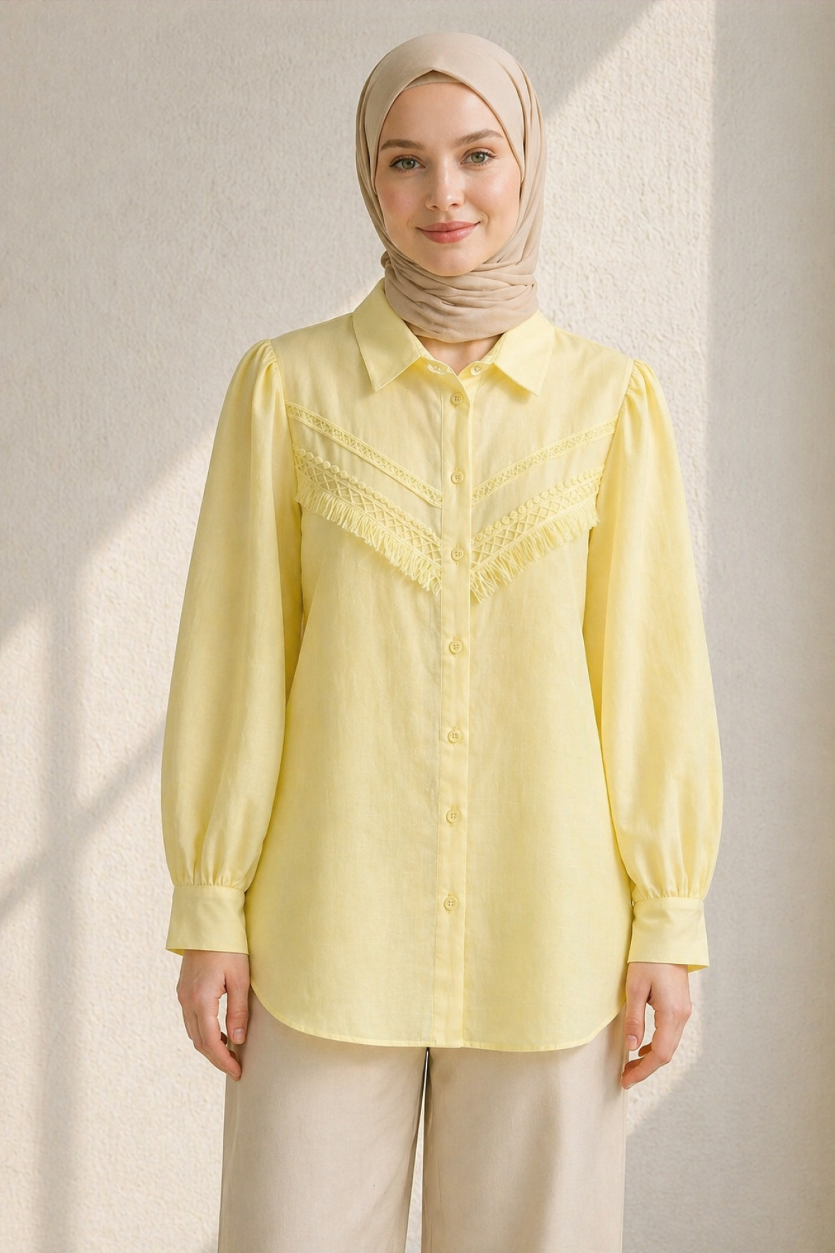 Kirazgym Lace Detailed Shirt Tunic – Long Sleeve, Buttoned, Hijab