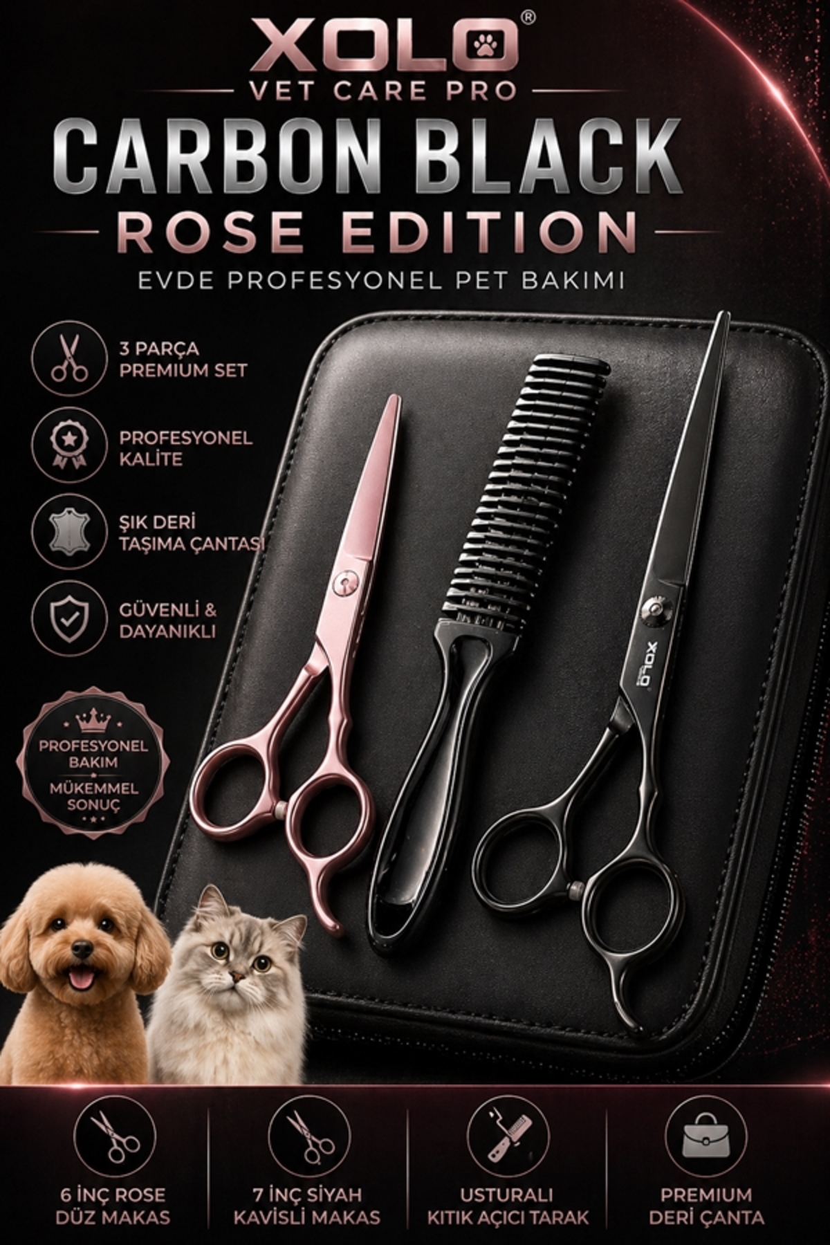 Xolo Vet Care Pro Carbon Black Rose Kedi Köpek Bakım Makas Seti