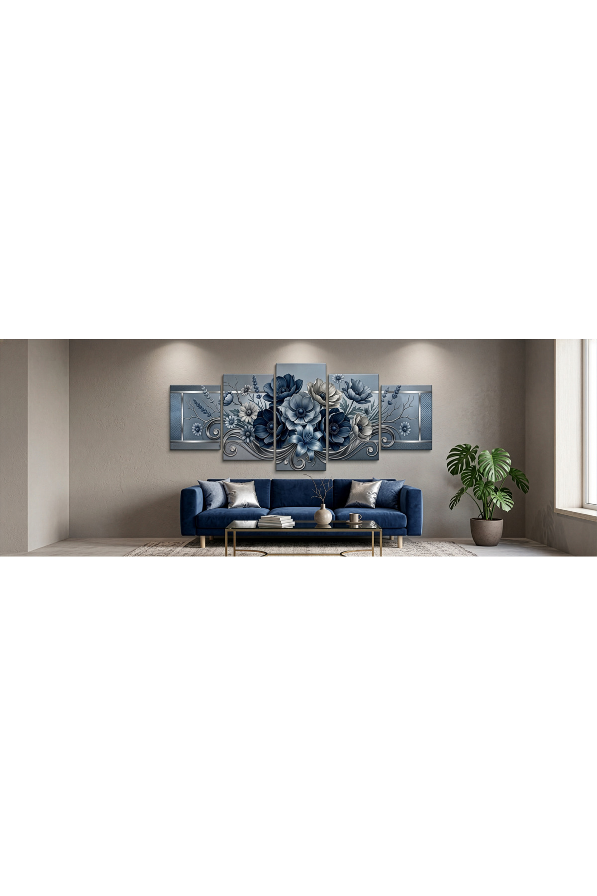 Gümüş Detaylı Mavi Çiçekler- 5 Parçalı Premium Metal Tablo Seti görsel 4