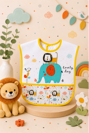Bebechi Bebek Aslan ve Fil Desenli Cepli (KOLSUZ) Su Geçirmez Bebek Mama Önlüğü