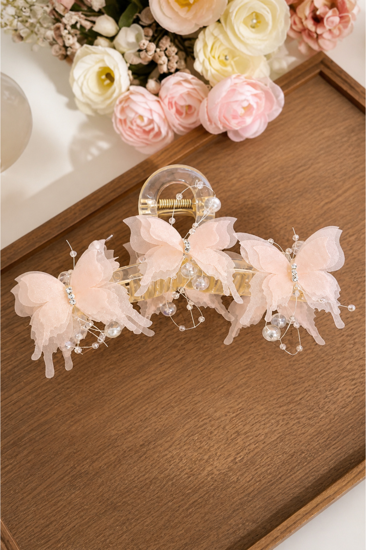 Design 4N Kelebek İnci Toka 13 Cm Büyük Boy / Mandal Şık Topuz Tokası görsel 6