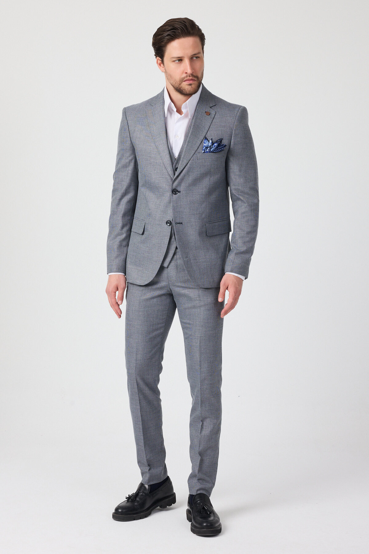 Frappoli Serardo Men's Navy-Grey Polyviscon Fabric Slim Fit Jacket Pants Vest Suit