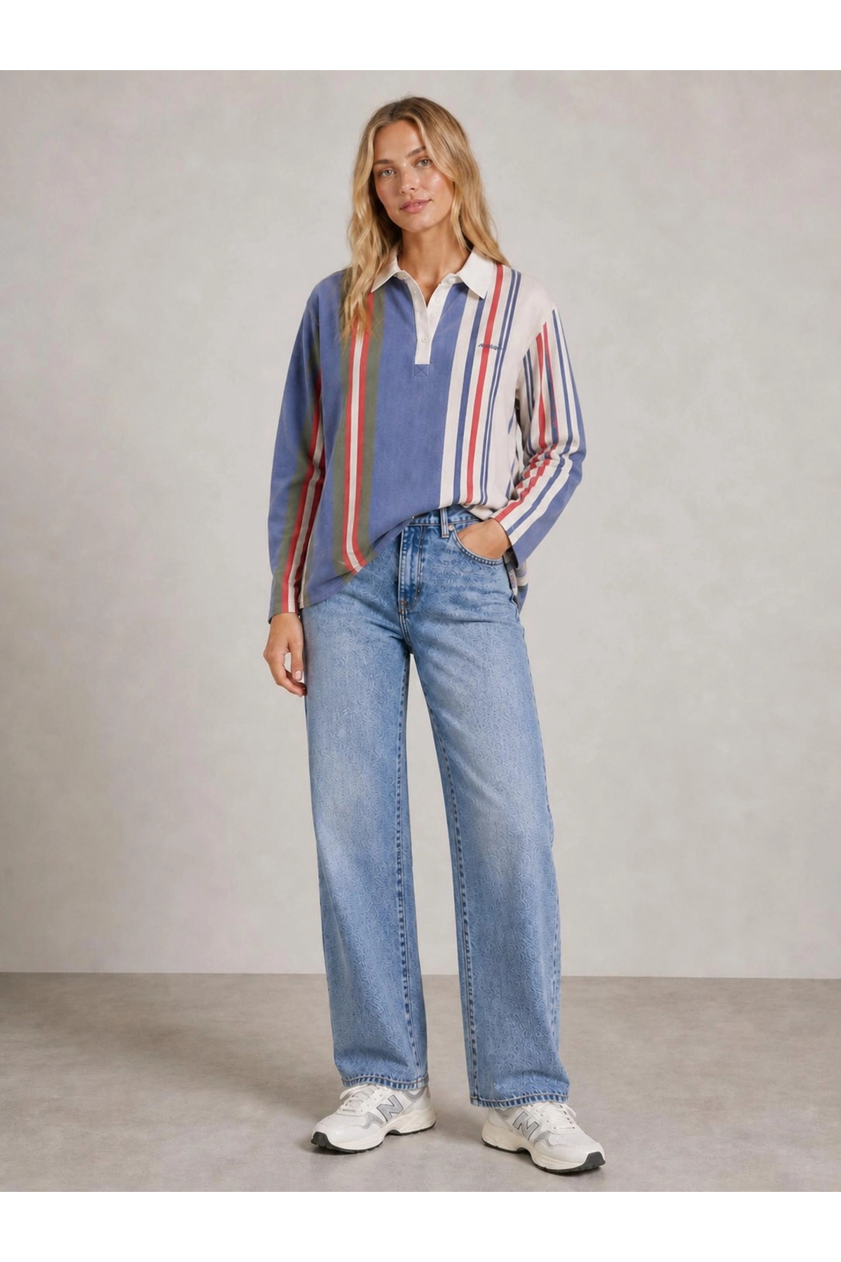 Akabi Online Kadın %100 Pamuk Oversize Çizgili Polo Yaka Uzun Kollu Yıkamalı Sweatshirt görsel 2