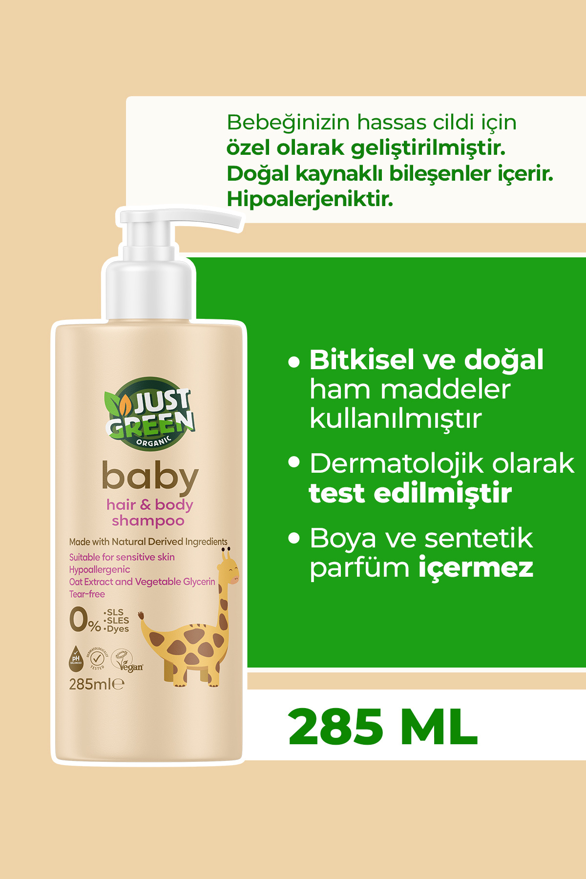 Just Green Organic Baby %100 Doğal Bebek Saç ve Vücut Şampuanı Göz Yakmayan, 285ml - Fiyatı, Yorumları