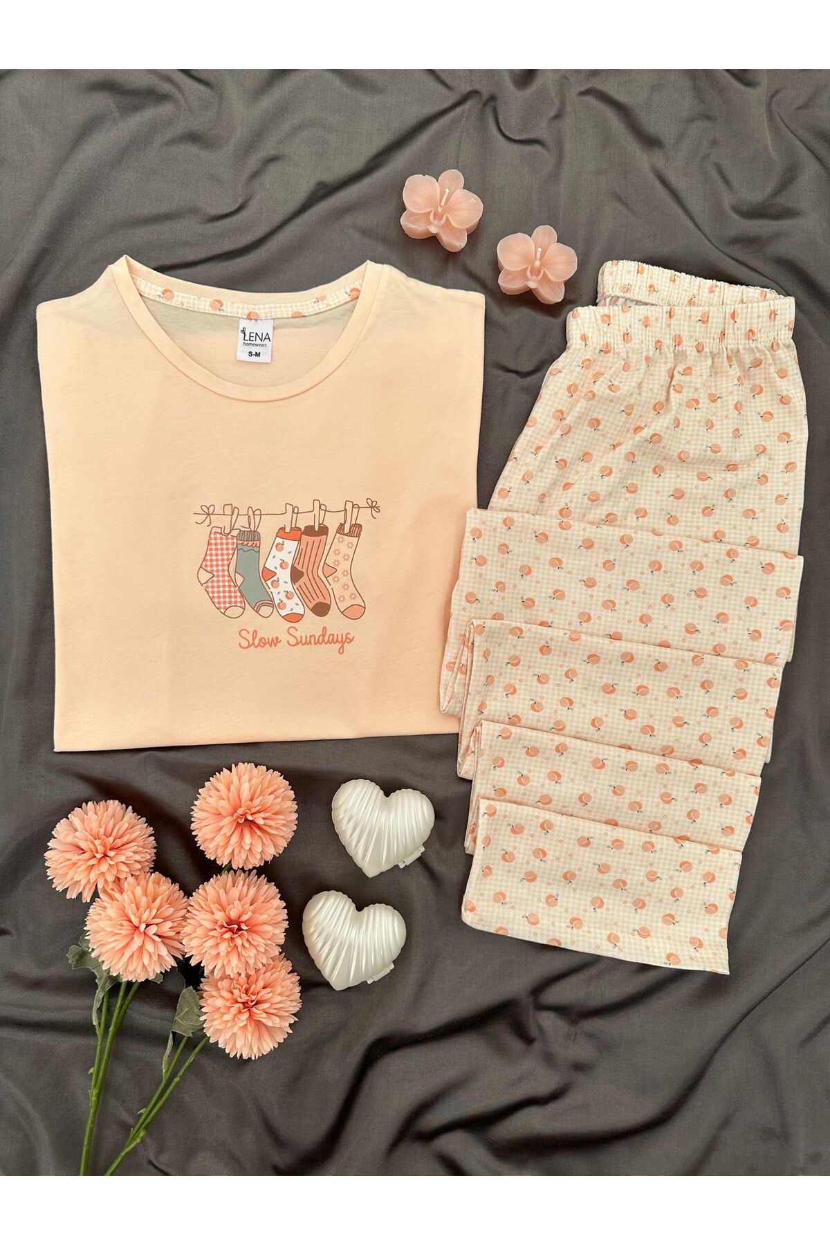 Women's Patterned Cotton Short Sleeve Crew Neck Pajamas Set