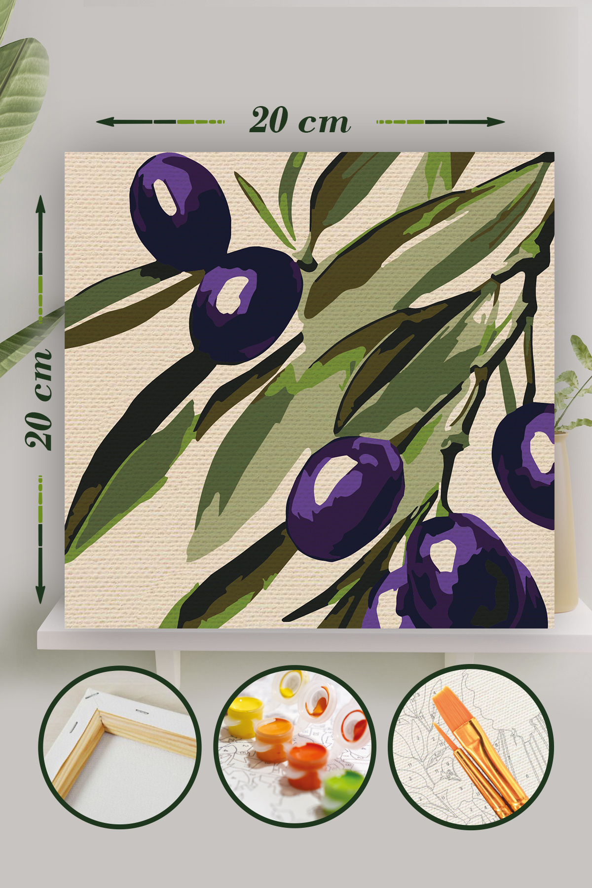 Sayılarla Boyama 20x20 Cm Tuval Seti Fırça Boya Dahil Çıtaya Gerili - Zeytin