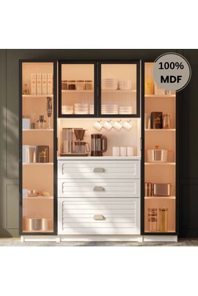 comiet Lavanta Mdf Kahve Köşesi Dolabı 4 kapak Çekmeceli Işıklı