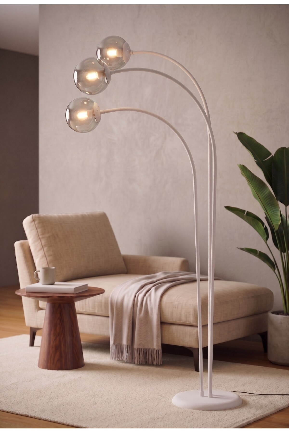AURİS 3-Piece Curved Modern White Metal Smoked Glass Floor Lamp - Decorative Design Corner Lighting