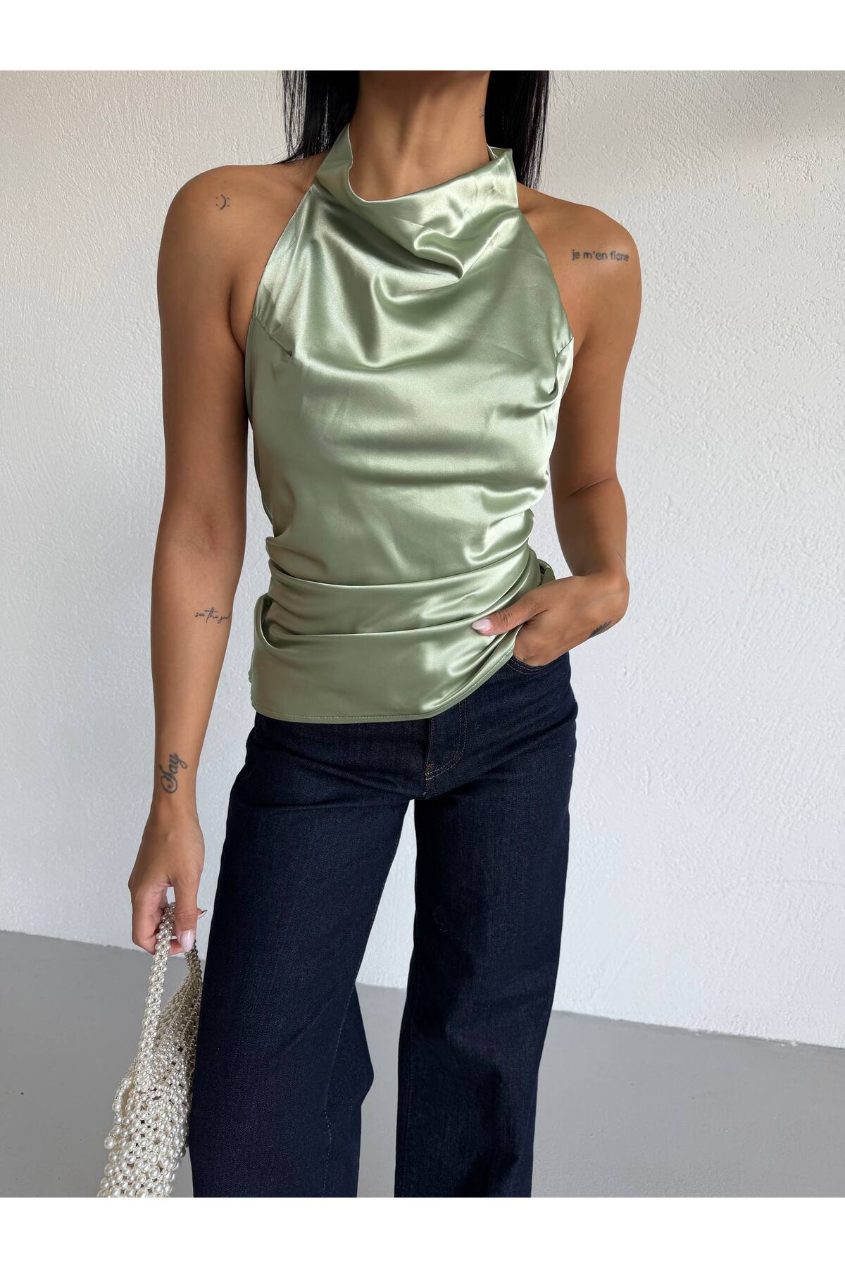 Women's Çağla Sleeveless Satin Sleeveless Neck Blouse with Slip-On Neck
