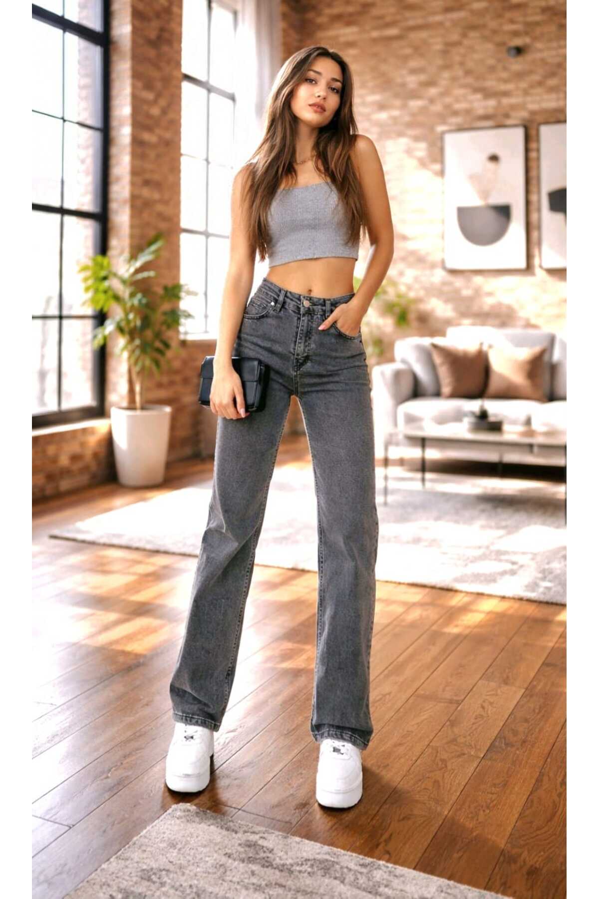Catherina Women Smoked Shabby Palazzo Wide Leg Jean Power Lycra Women High Waist Pants