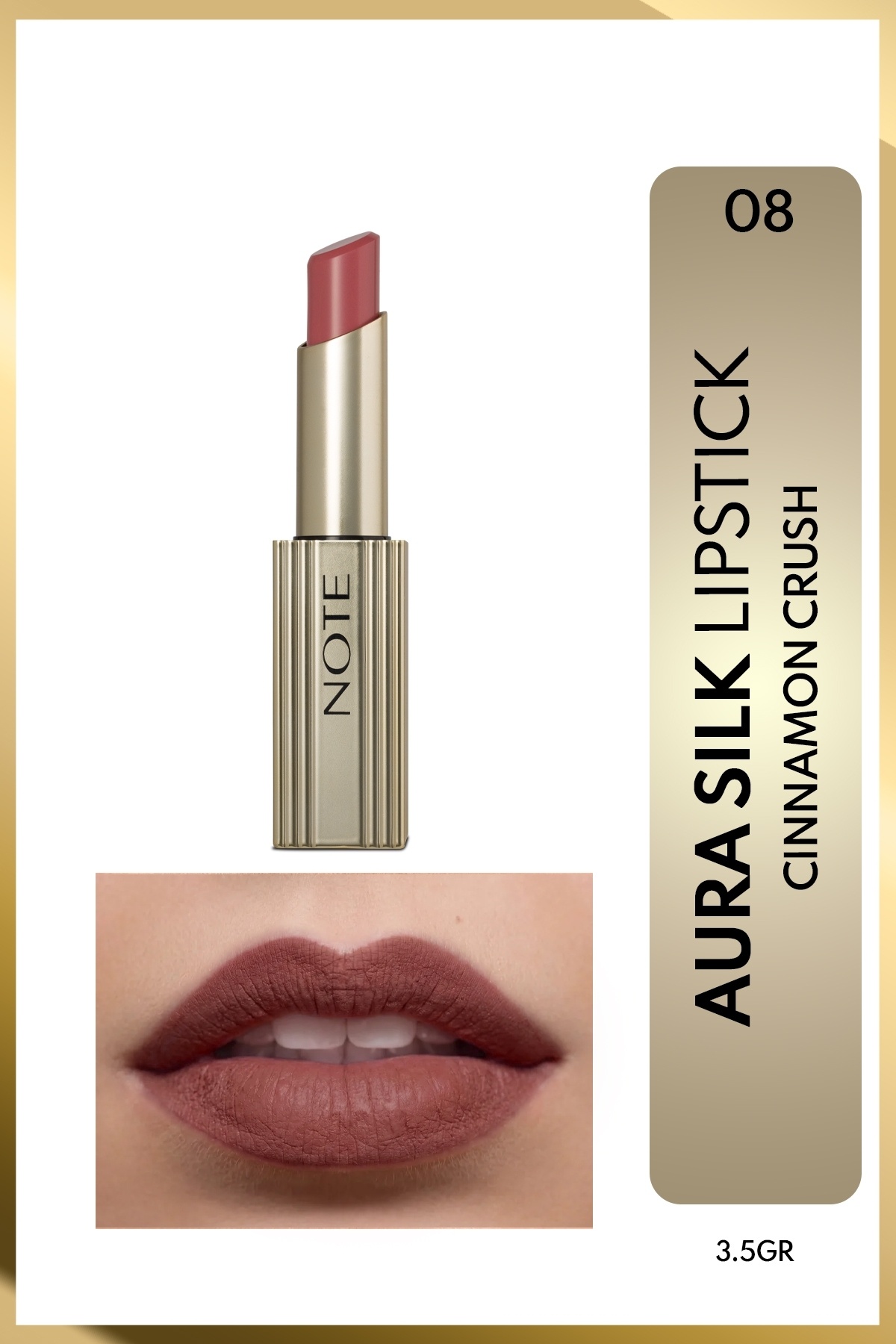 NOTE رژ لب نیمه براق کرمی Aura Silk شماره 08 Cinnamon Crush - قهوه‌ای —رنگ LST AURA SILK