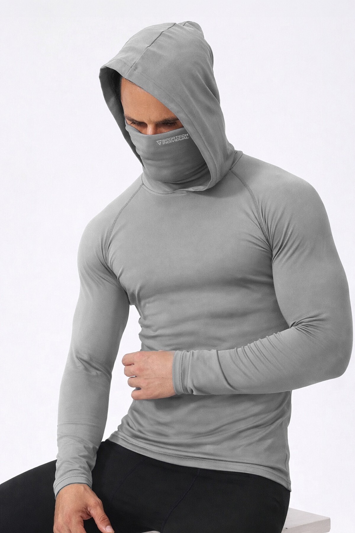 . Men's Face Mask Hooded Stretch Fabric Cotton Long Sleeve Sports Combed T-Shirt