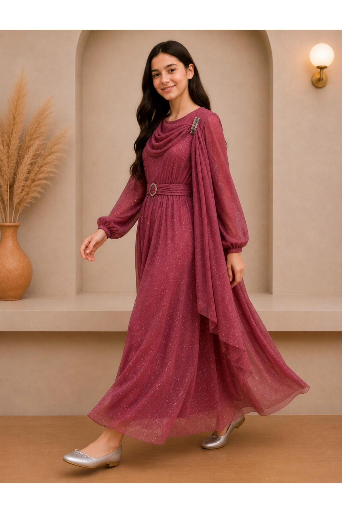 DAĞON'S BALON KOL TASARIMLI DRAPE VE KEMER DETAYLI ÖZEL SİMLİ TÜL KUMAŞ KIZ ÇOCUCUĞU ABİYE DÜĞÜN VE MEZUNİYET ELBİSESİ