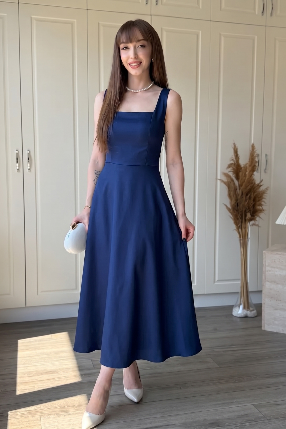 Square Neck Flare Back Scarf Detailed Midi Navy Blue Dress