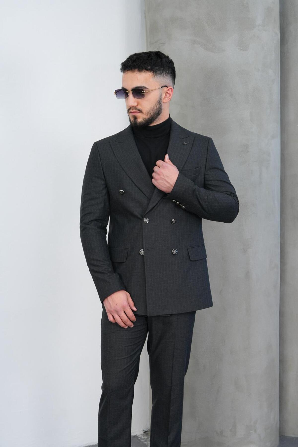 Dupont Slim Fit Erkek Sivri Yaka Çizgili Kruvaze Takım Elbise görsel 6