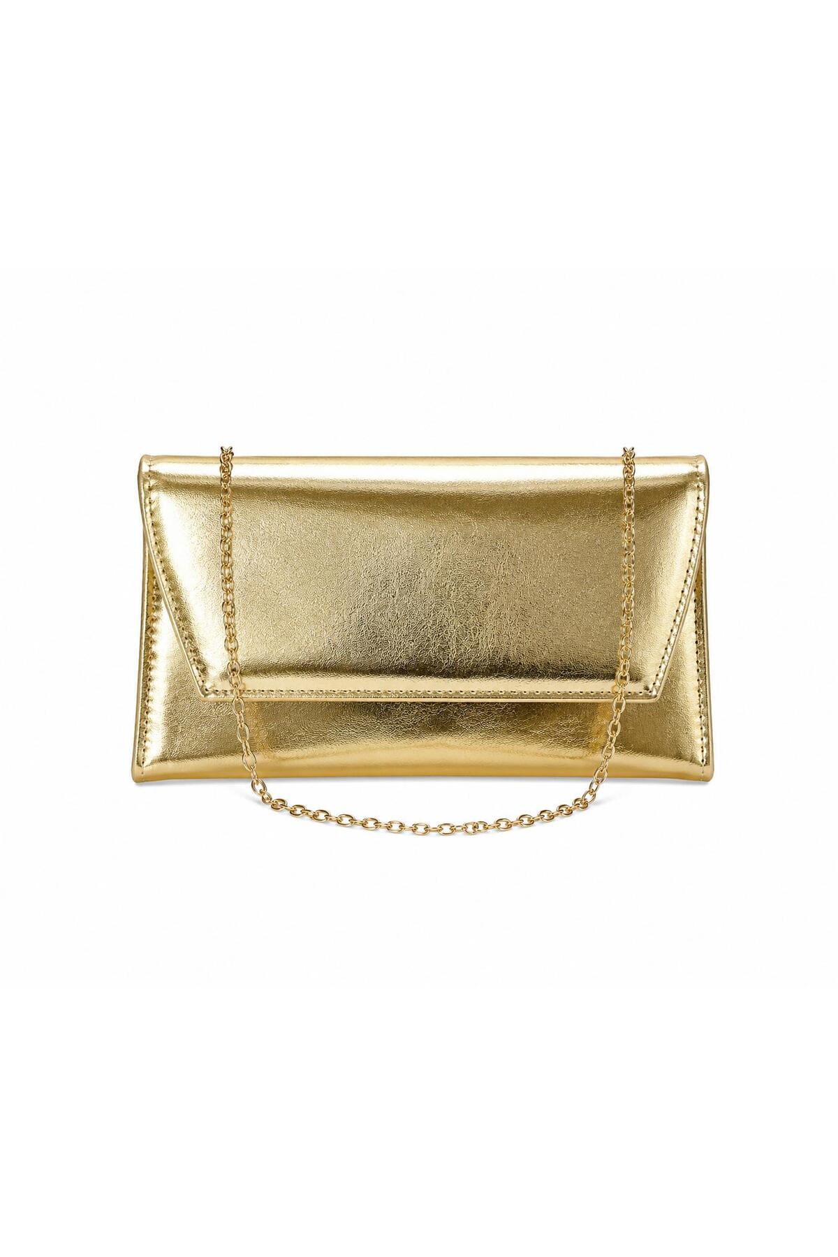 SHIKIRTI Gold Renk Zarf Model 2 Gözlü Mıknatıslı Zincir Askılı Kadın El ve Omuz Çantası - Portföy & Clutch (21cm*13cm)