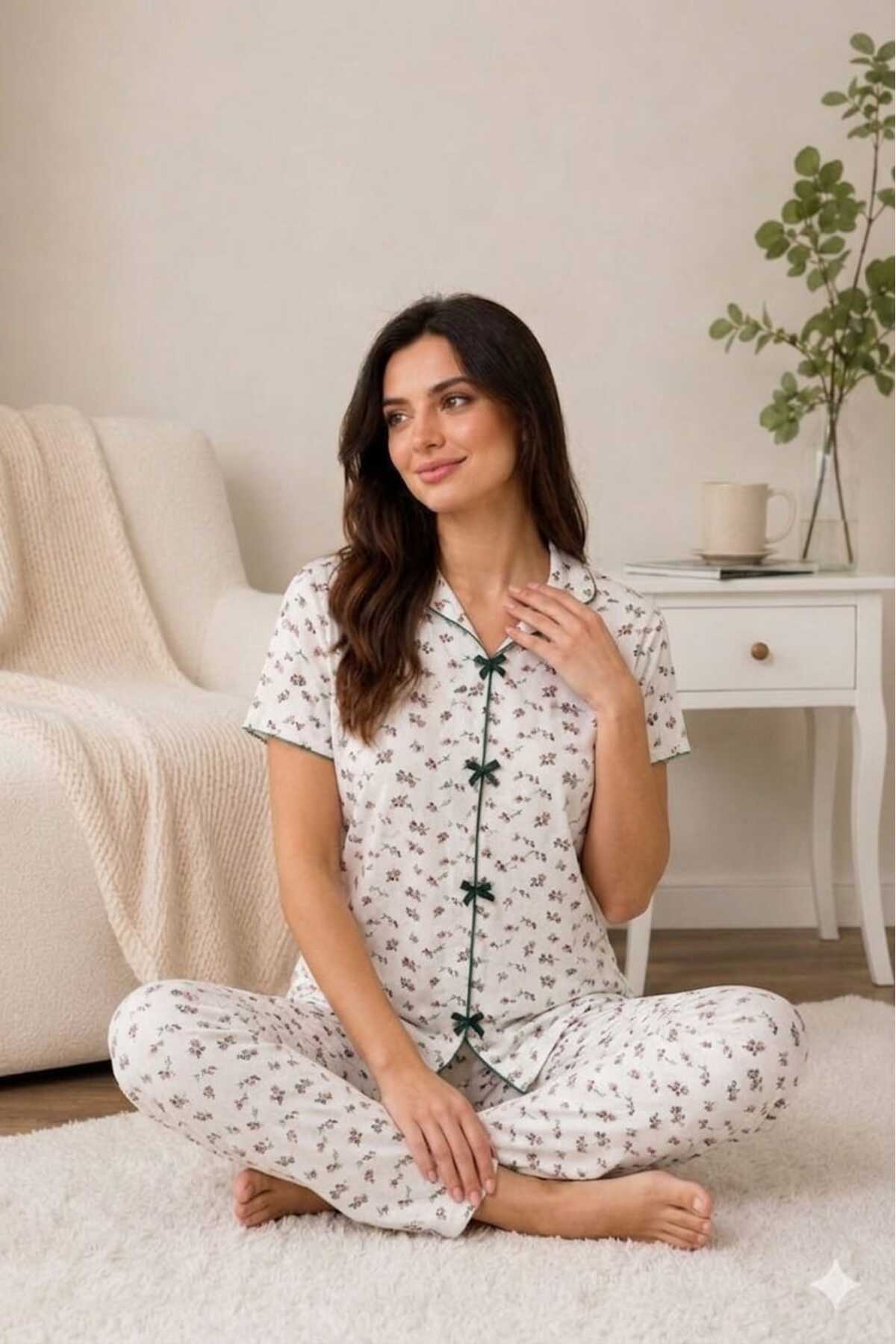 FAMES PİJAMA Yazlik Karyoka Stitched Short Sleeve Women's Pajama Set