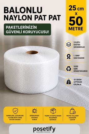 POŞETİFY 25 cm x 50 m Balonlu Naylon Patpat | 1. Sınıf | 3 Katlı | 12,5 m² | ...
