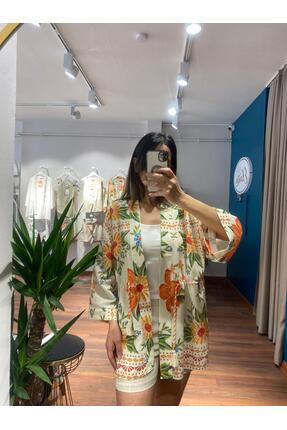 Quzu Bohem Çiçek Desenli Bağcıklı Kimono Ceket