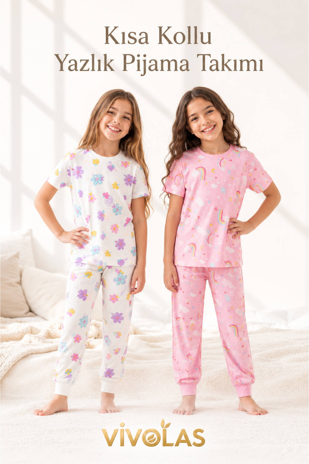 Girls Short Sleeve 100% Cotton Pajamas Set Summer Comfortable Fit (3-13 Years)