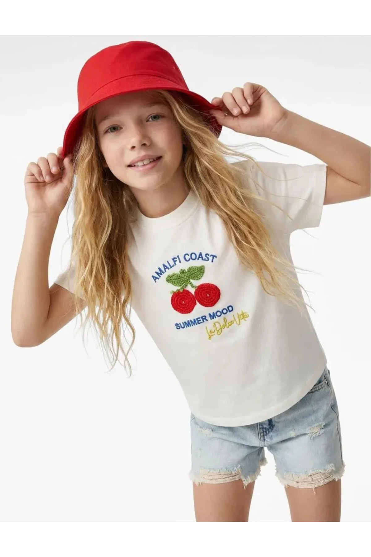 Koton Crew Neck Short Sleeve Cherry Embroidery Detailed Cotton T-Shirt