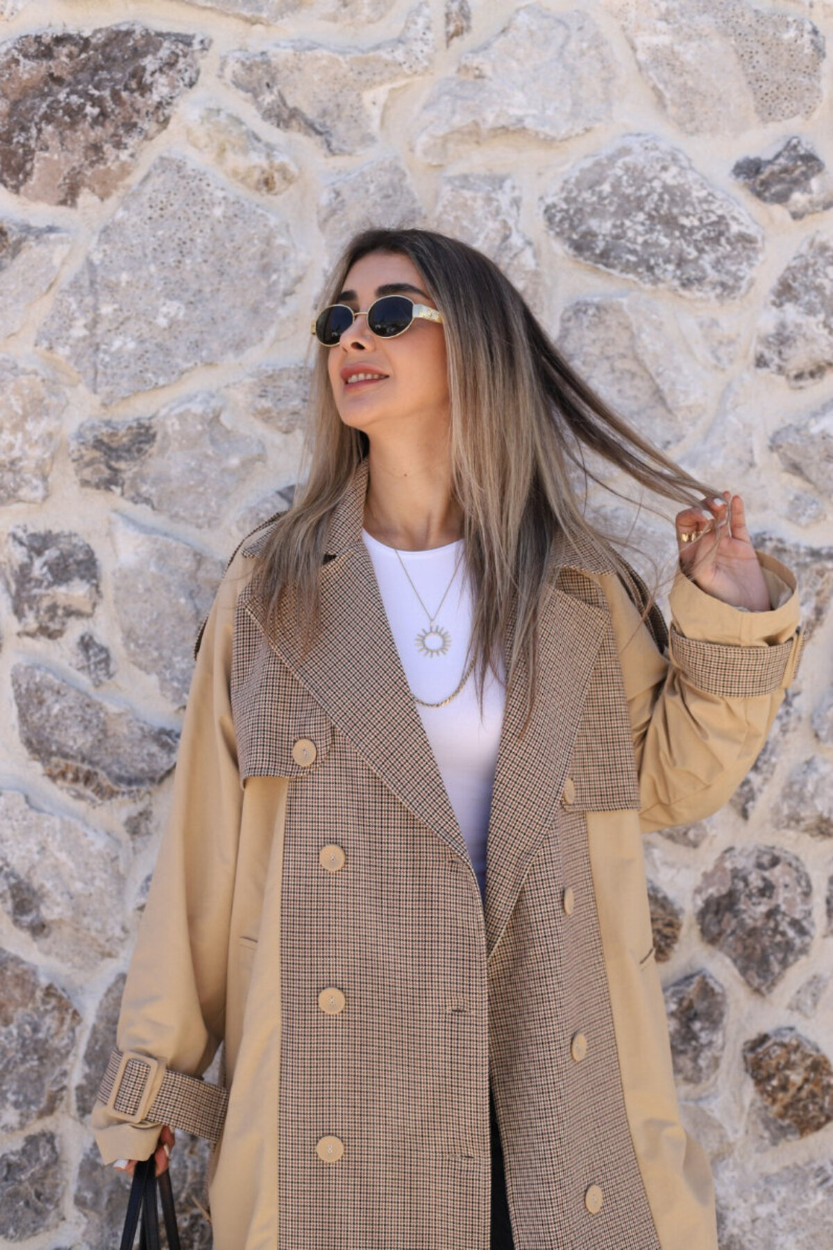 bytugcekaya Camel Standart Beden Ekoseli Trençkot görsel 3