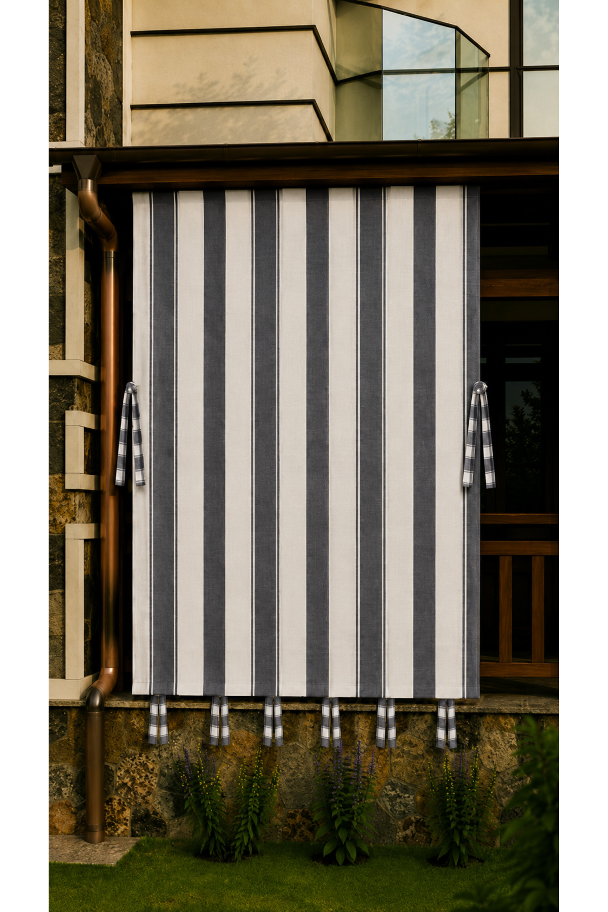 Waterproof Cornice Balcony Curtain with Decorative Stripe Model Anthracite White