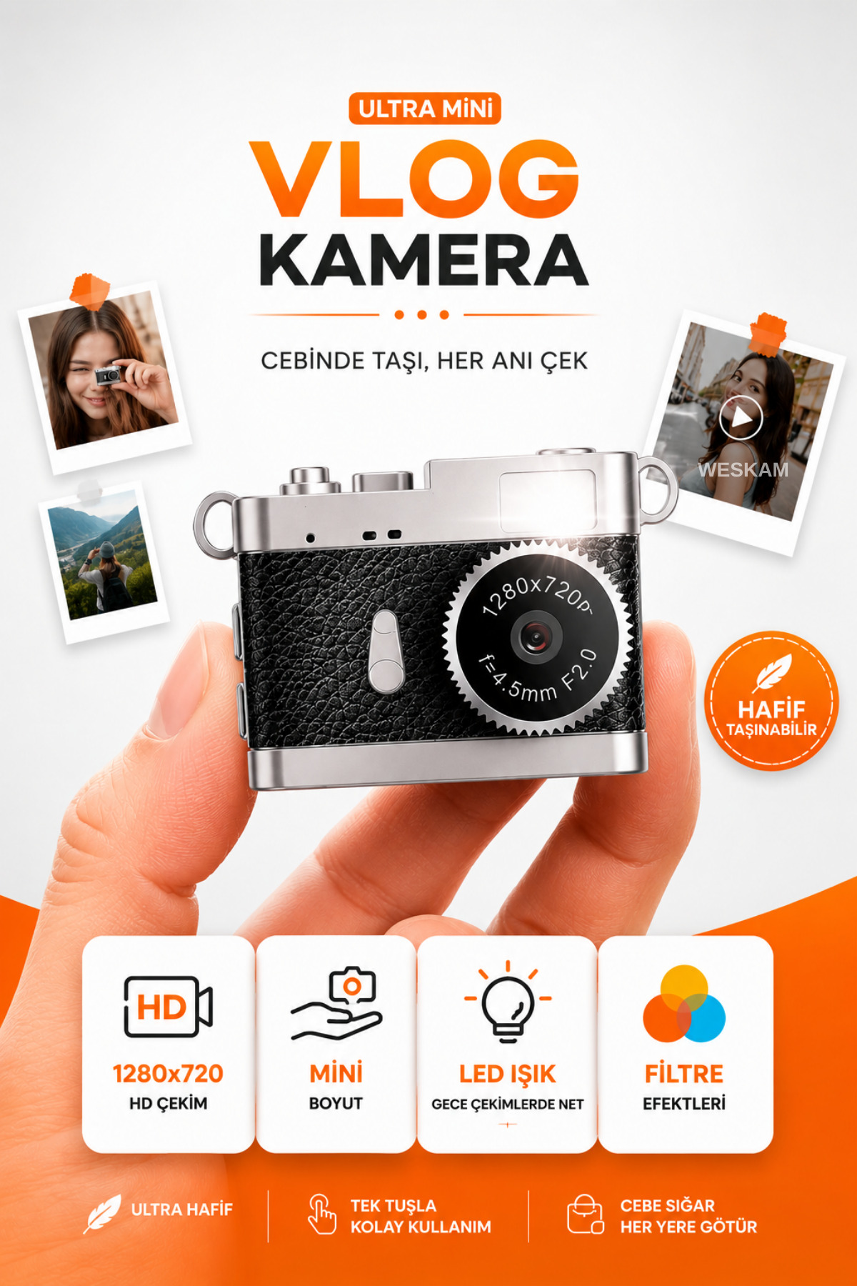 Weskam Mini Dijital Kamera Vlog Selfie Kamerası Video Kayıtlı Anahtarlık