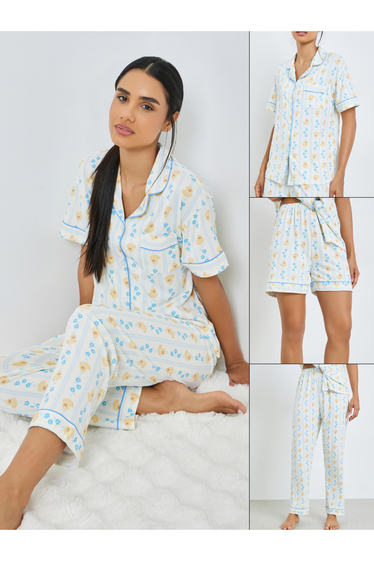 Styli All-Over Duck Printed Shirt, Shorts and Pants Pyjama Set