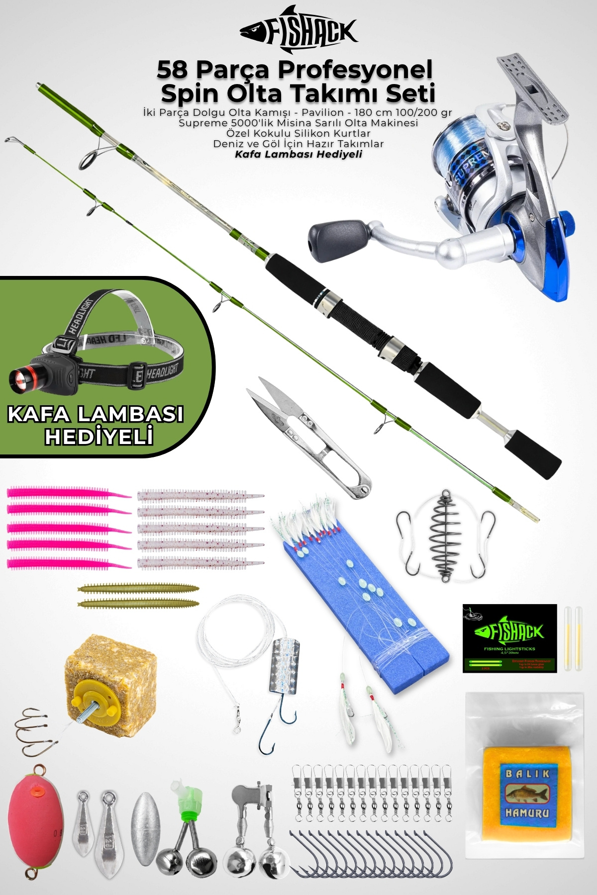 Fishack 58 Parça Spin, Tekne, Kıyı Olta Takımı Seti - 180cm Yşl