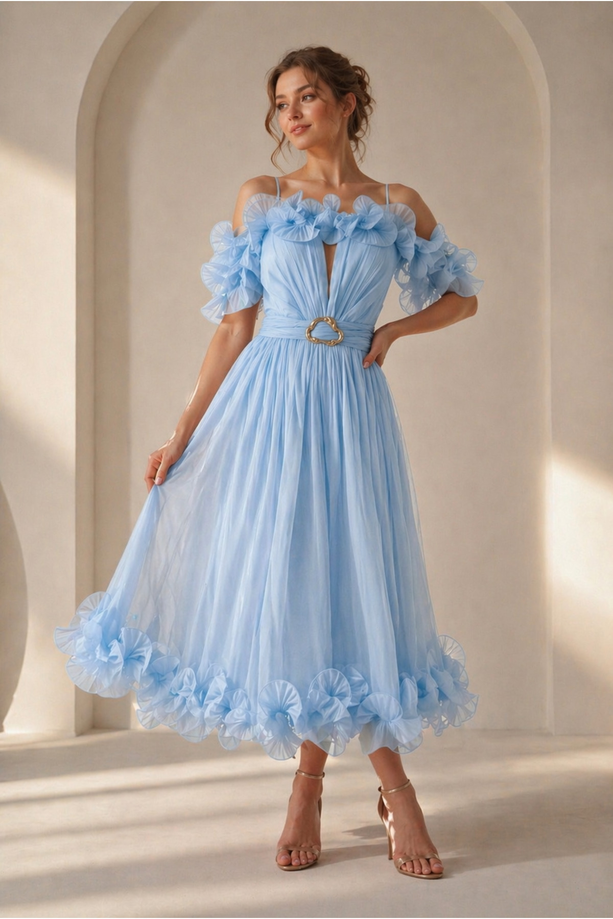 Divin store Rochie midi baby blue în cloș din voal satinat cu volanase la bust