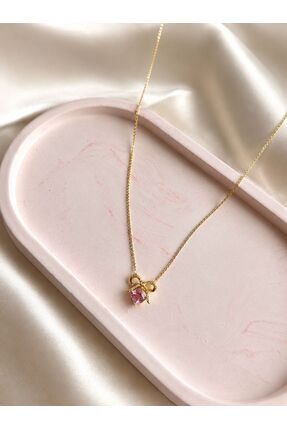 FİLORA Çelik Gold Pembe Zirkon Taşlı Kurdele Kolye