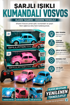 Sıraç İthalat Şarjlı Işıklı Kumandalı Vosvos Araba 1:27 Ölçek Uzaktan Kumanda...