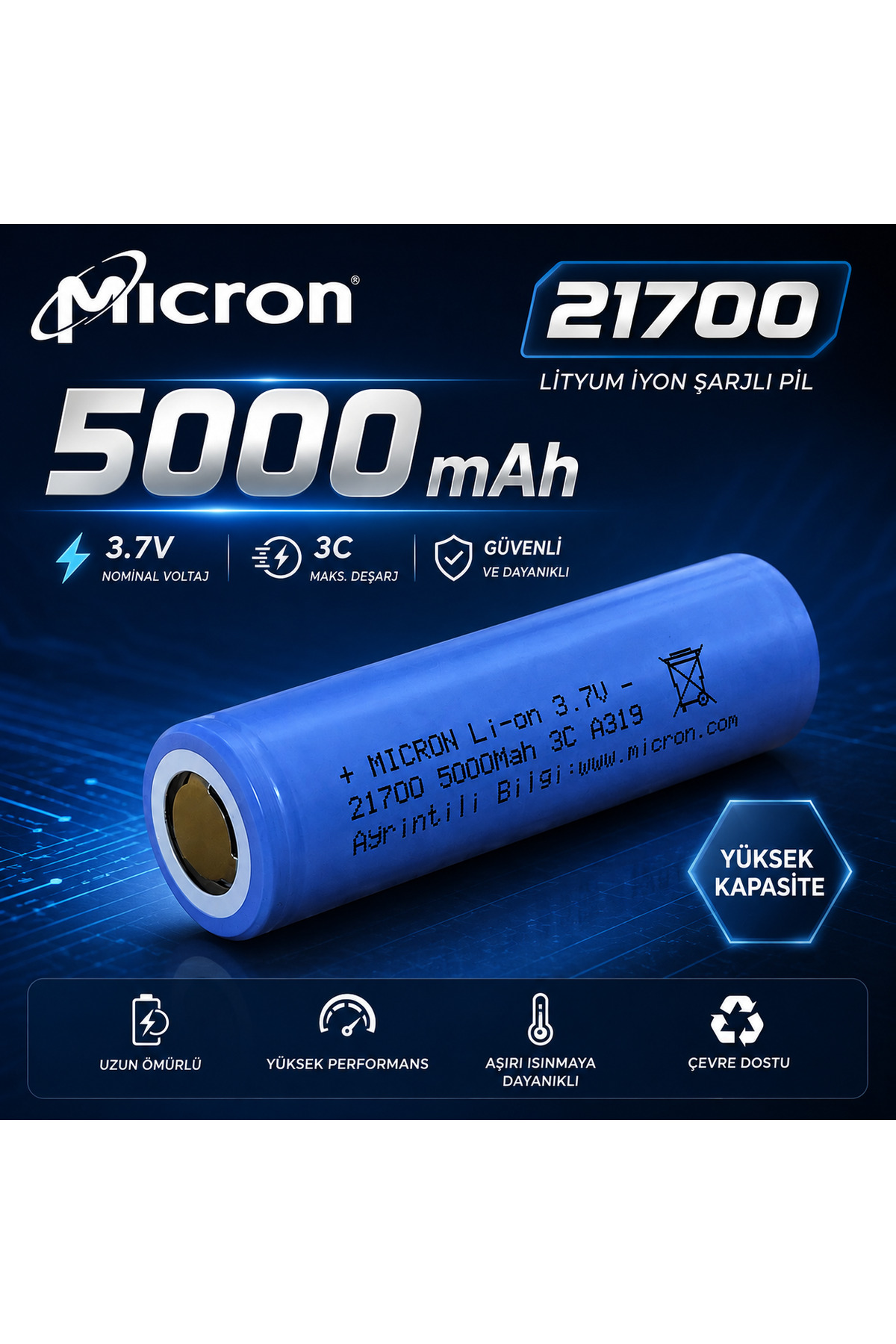 LENAOKSAN Micron 21700 Li-ion 5000mAh 3.7V 3C Şarjlı Pil (1 Adet