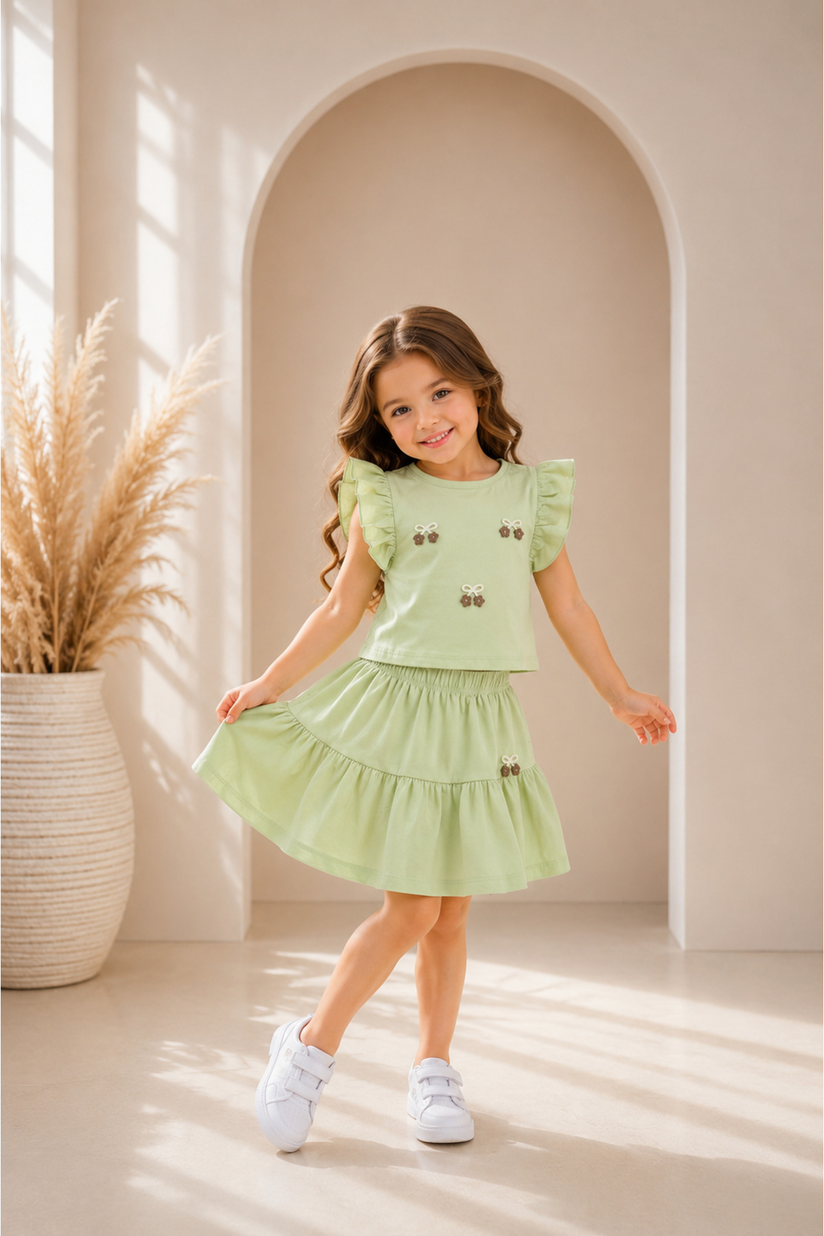 zepkids Girl's Two-Piece Set Pistachio Green Ruffle Sleeve Layered Skirt Set