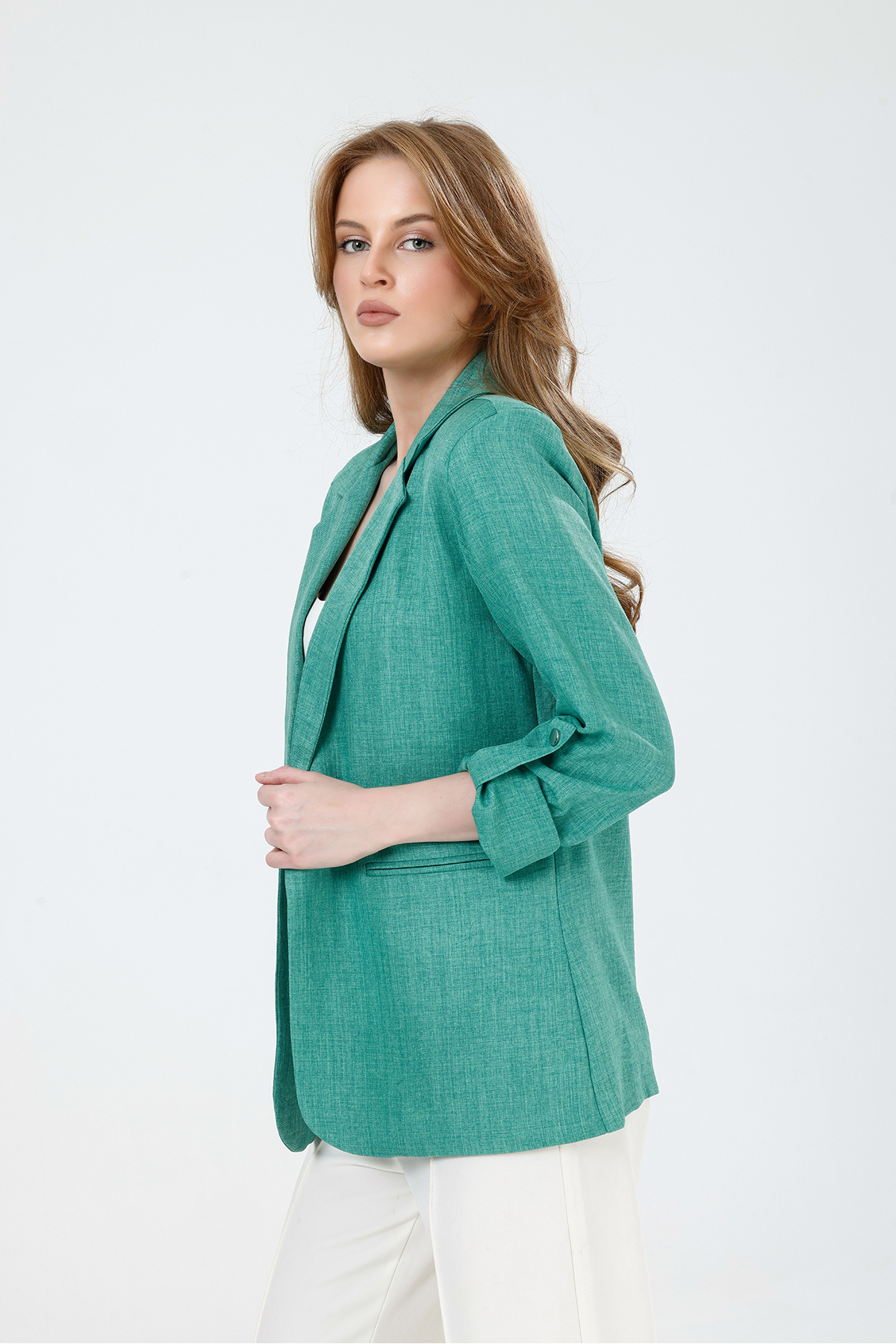 MD trend  Kadın Kolu Katlanabilir Astarlı Kruvaze Blazer Keten Ceket - Görsel 4