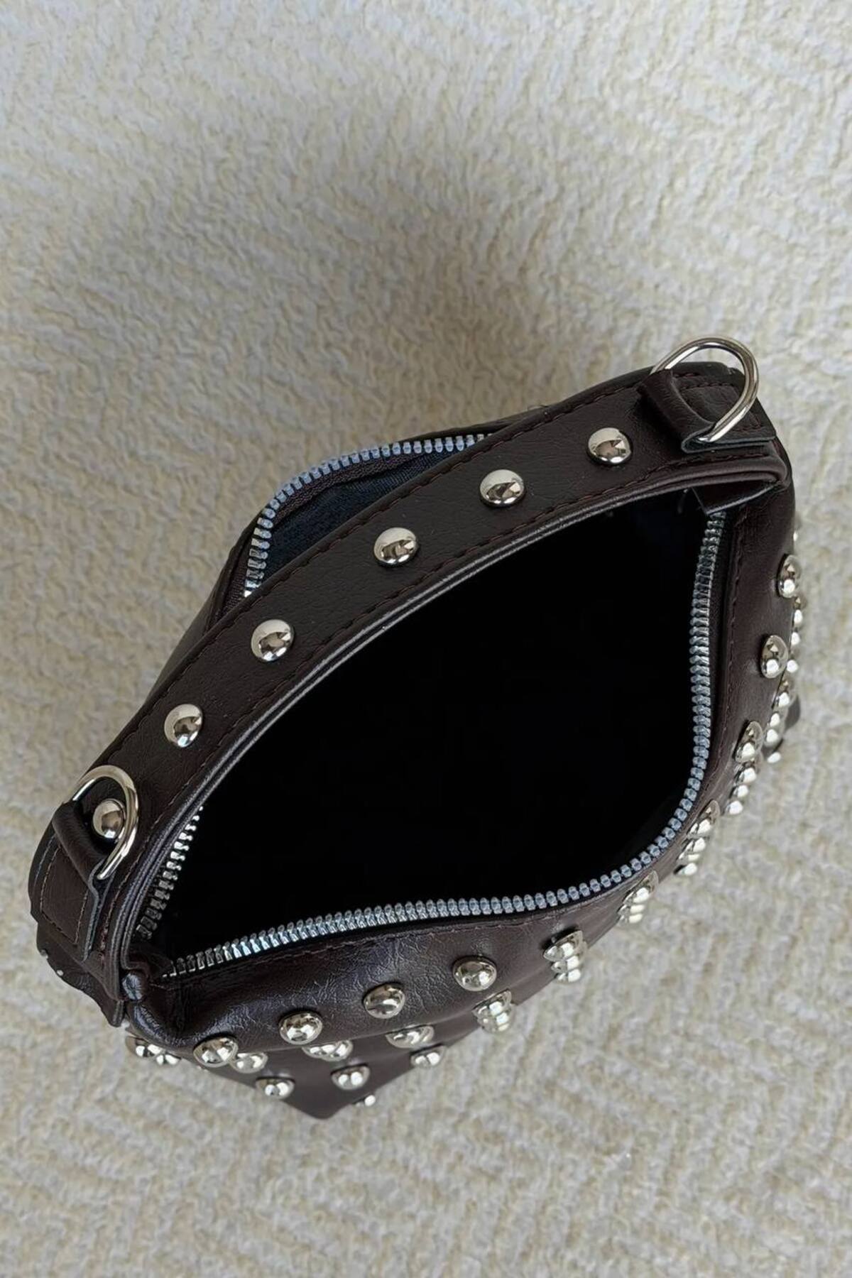 Dark Brown AUİSSE Women's Stud-Detail Handbag and Shoulder Bag görünüm 3