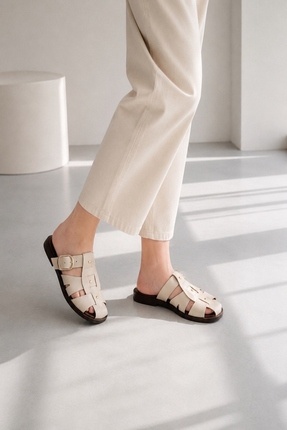 MYPOPPİSHOES Bej 1 cm Topuklu Kadın Terlik Gigi