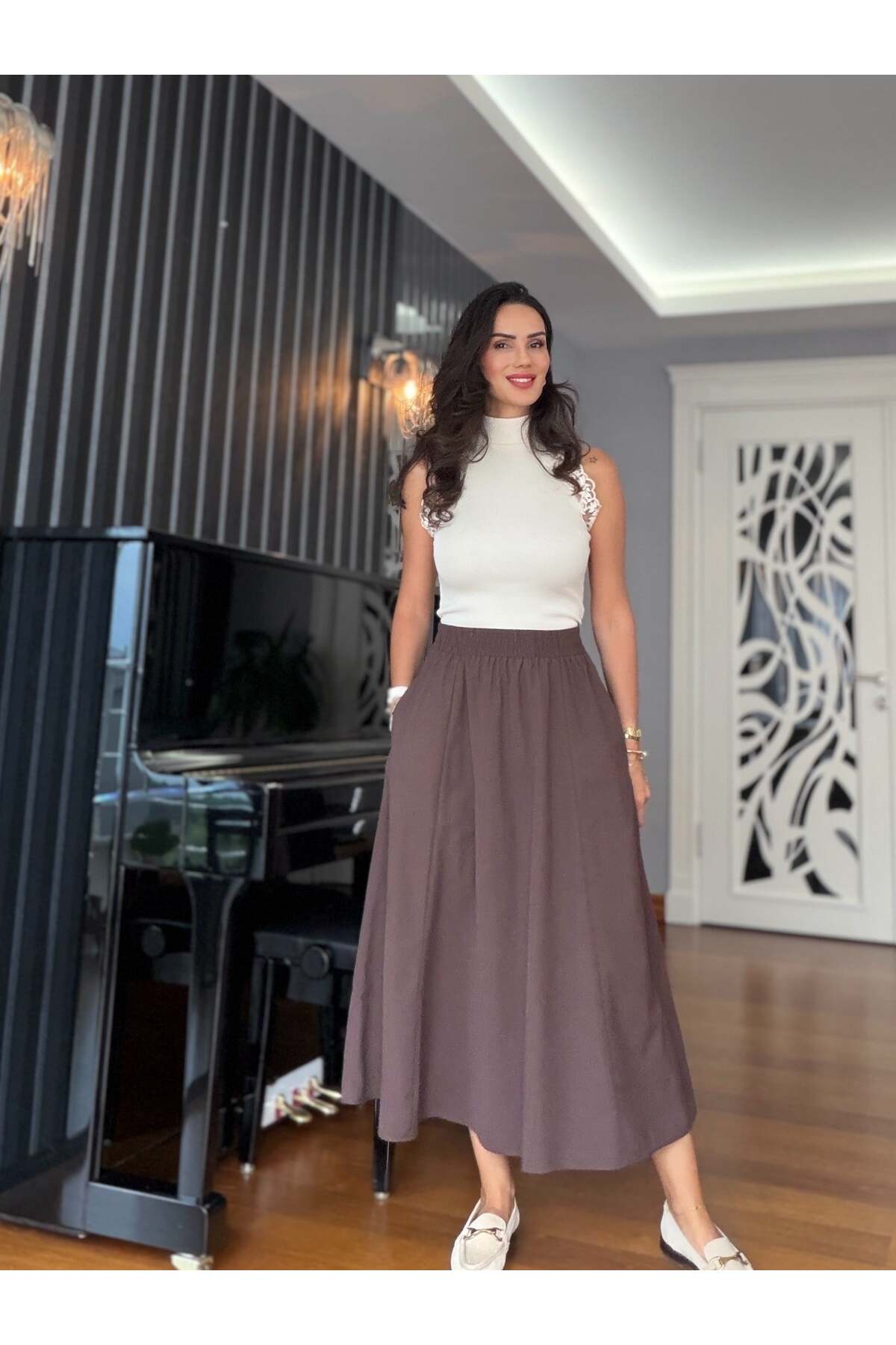 Atelier Derin  Kahverengi Beli Lastikli Uzun Etek