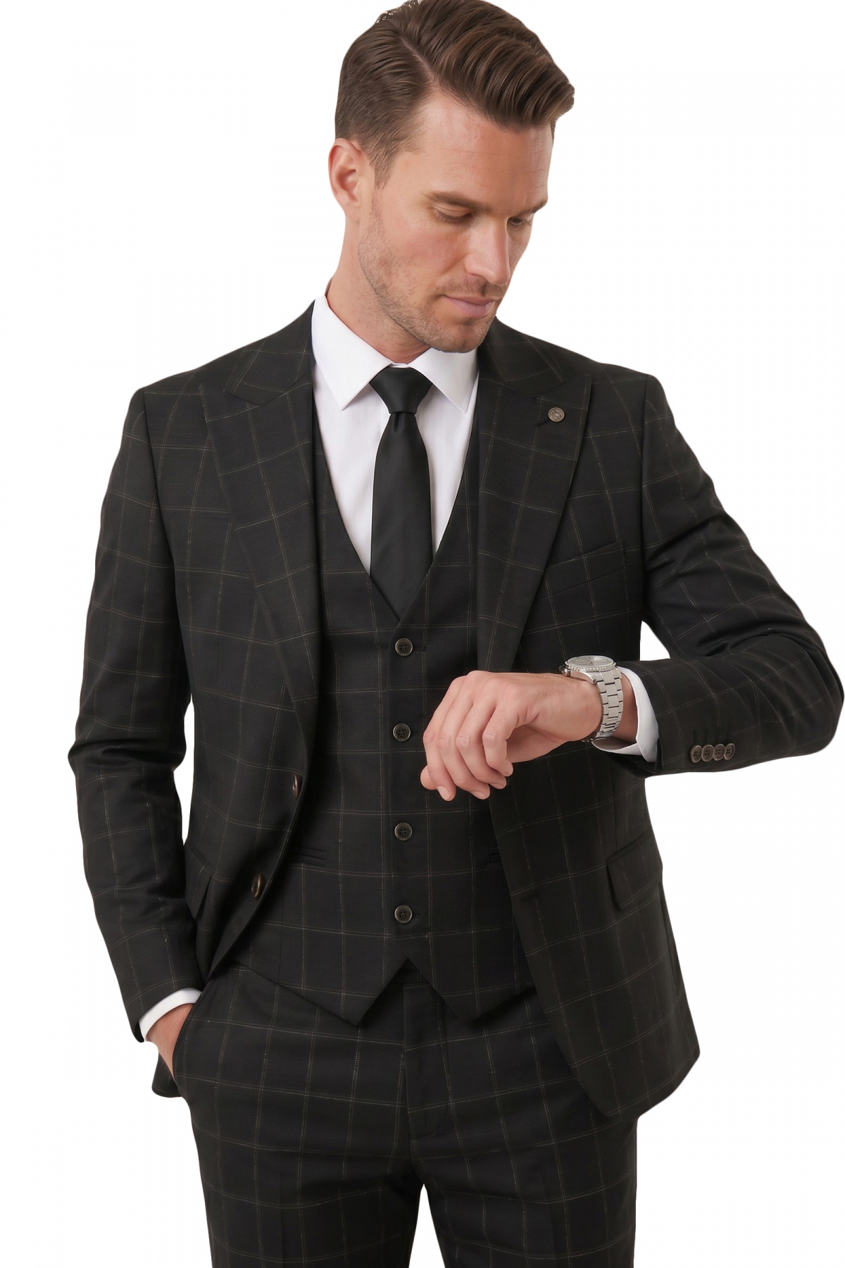 Rizz up Men's Black Slim Fit 3-Piece Suit – Stylish Suit with Checkered Plaid Pattern Vest 2600517