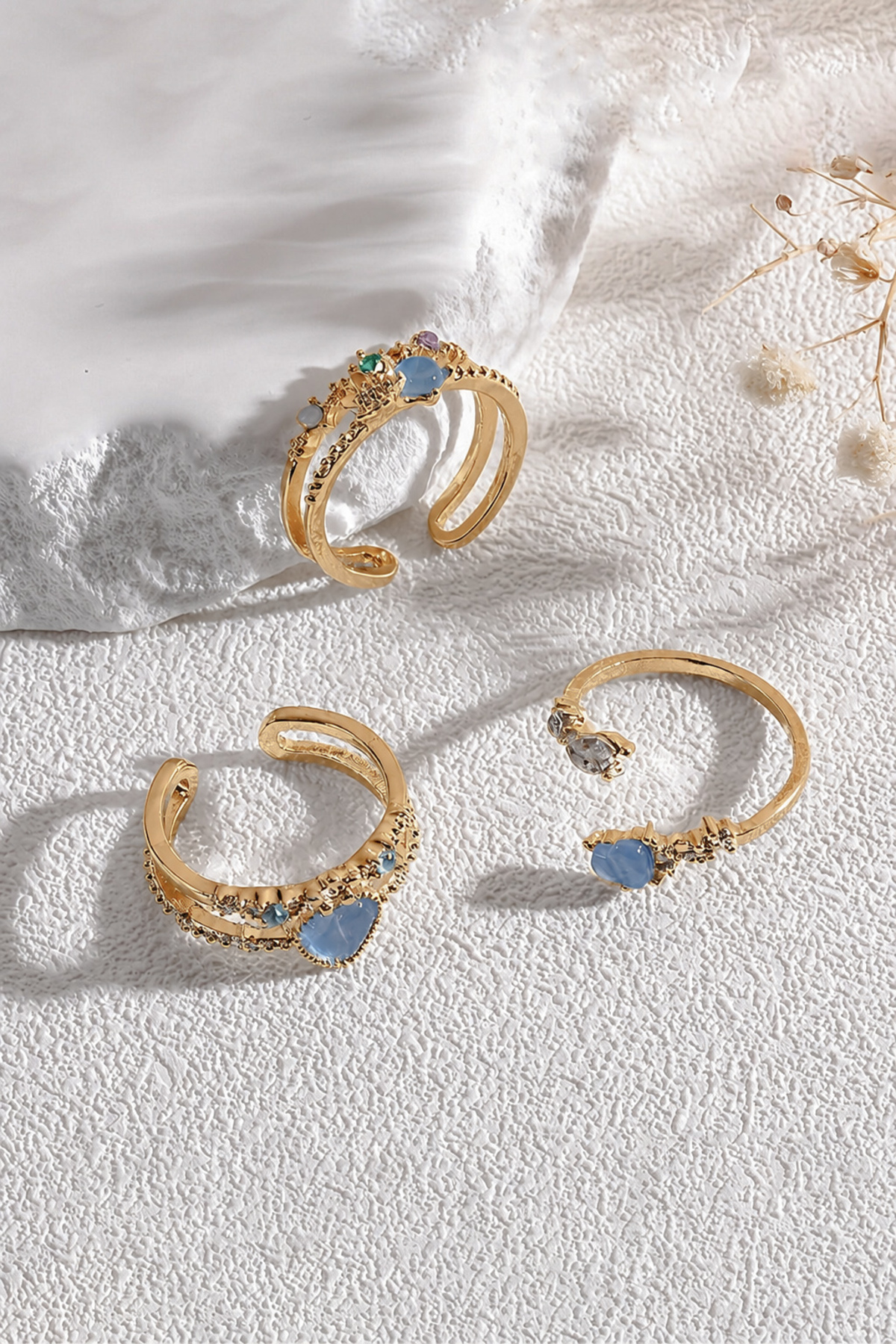 The Collection 3'lü Mavi Taşlı Kombin Ay yıldız kelebek Pinterest Tasarım Gold Yüzük Set görsel 6