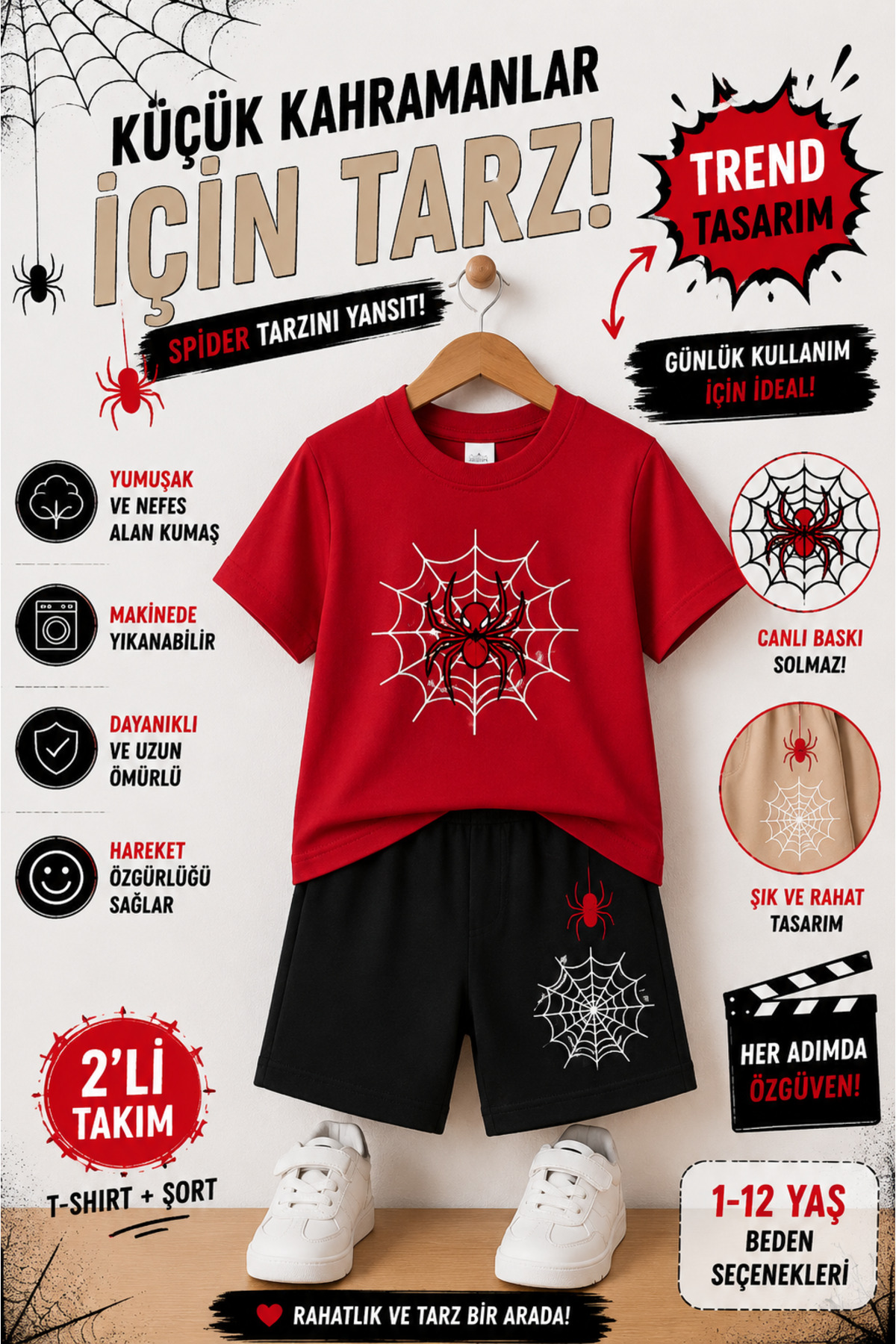OVERMAX Spider Web Printed Children's Set – T-Shirt & Shorts 2-Piece Combination | Trendy Summer Set for Ages 1-12