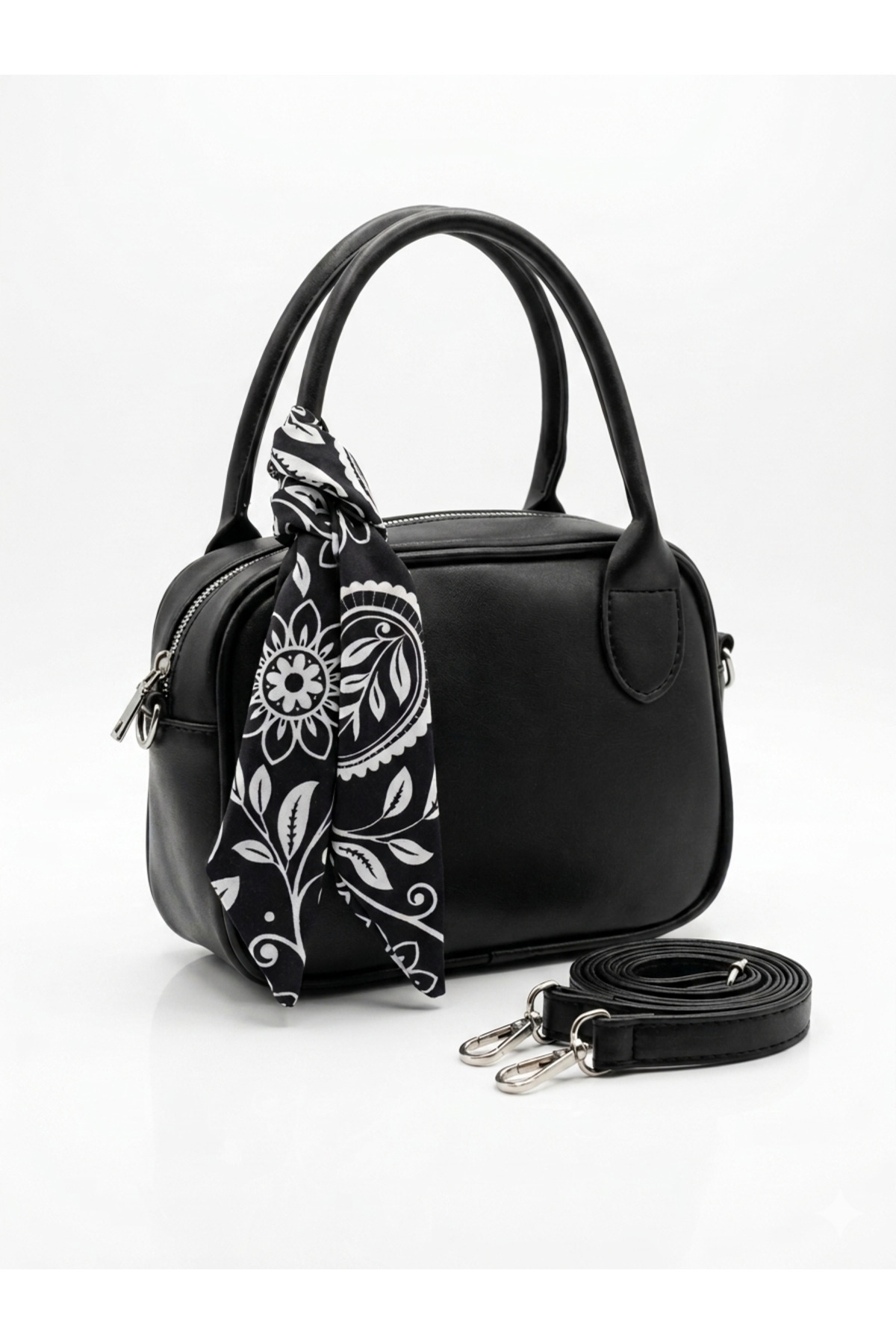 Black Mini Hand & Shoulder Bag – Scarf Detailed, Faux Leather