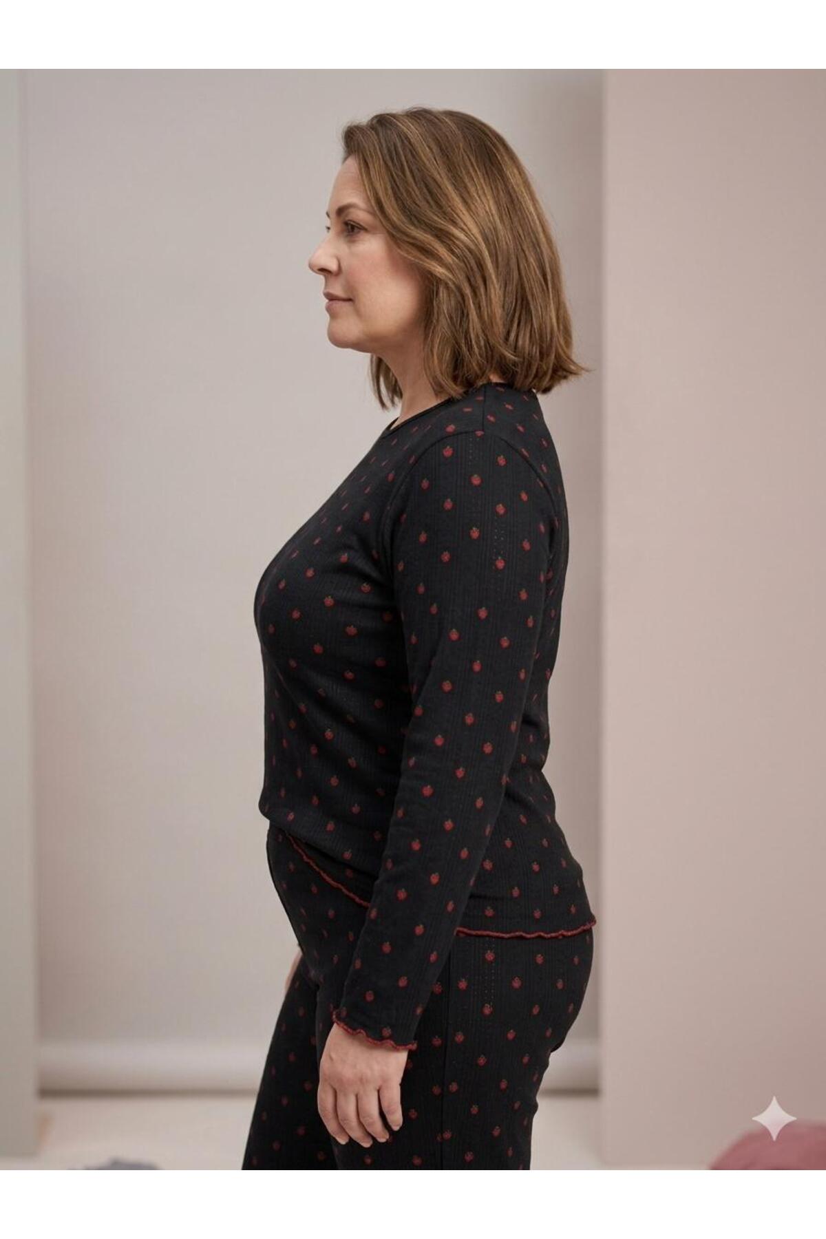 fameshomewear Yazlık Örme Kalp Desenli Siyah Kol Büyük Beden Pudra Pijama Takım görsel 4